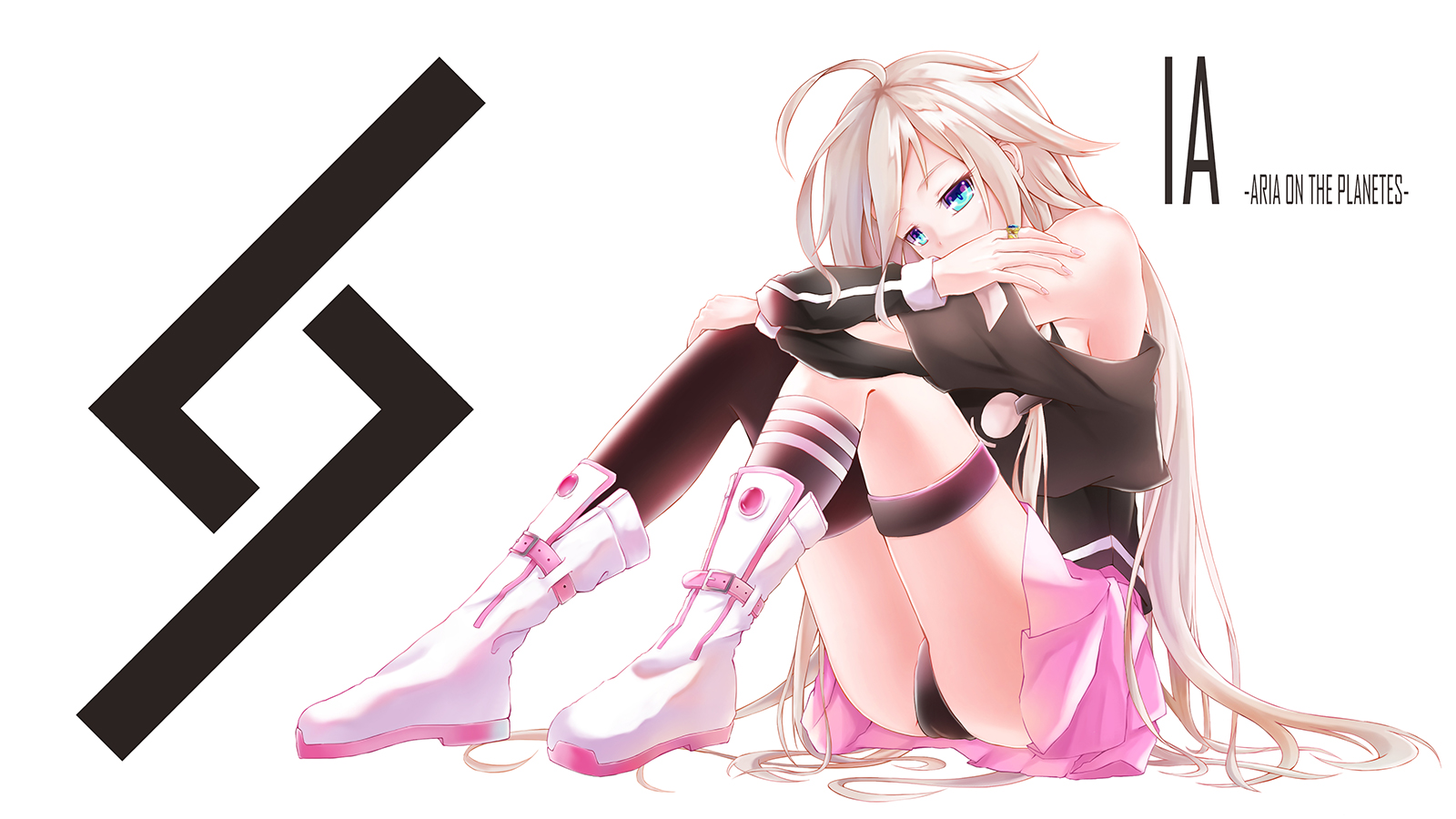 Anime 1600x900 Vocaloid IA (Vocaloid) artwork Dying0414 anime girls silver hair blue eyes boots upskirt holding knees