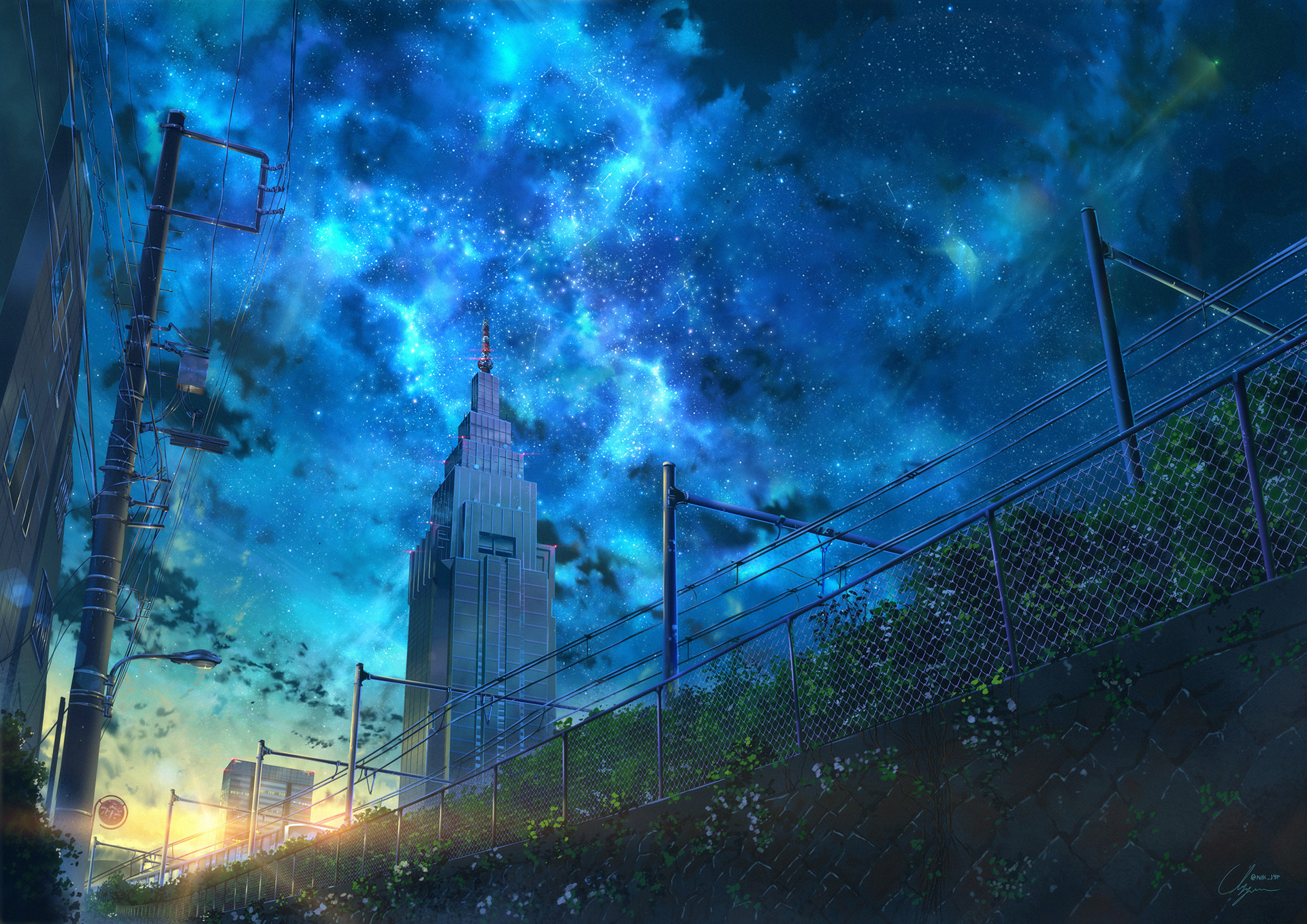 Anime 1920x1357 JP NIK digital art anime sky urban stars city ArtStation