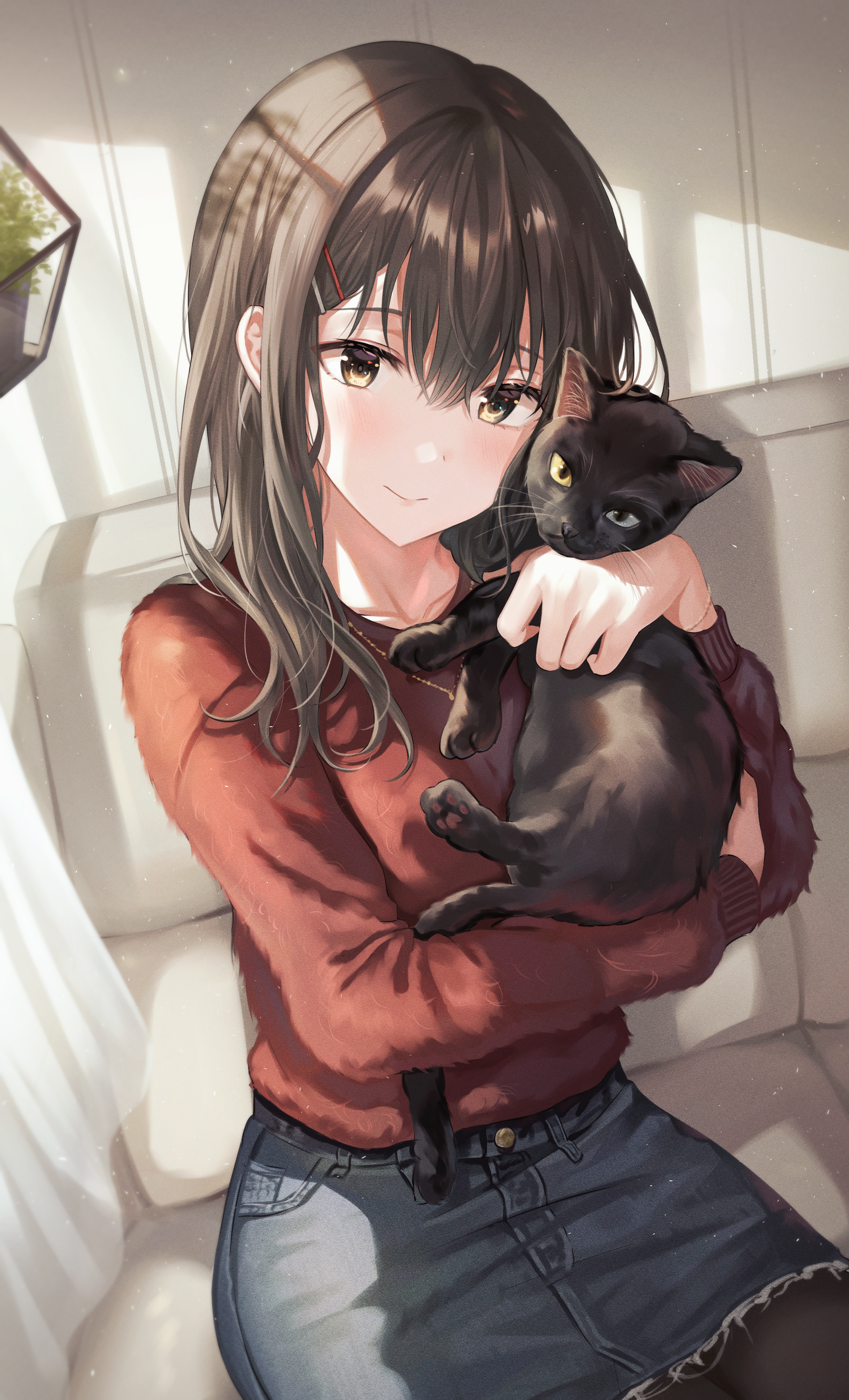 Anime 2123x3500 anime anime girls Tokkyu (artista) cats women with cat smiling brunette brown eyes sweater denim skirt