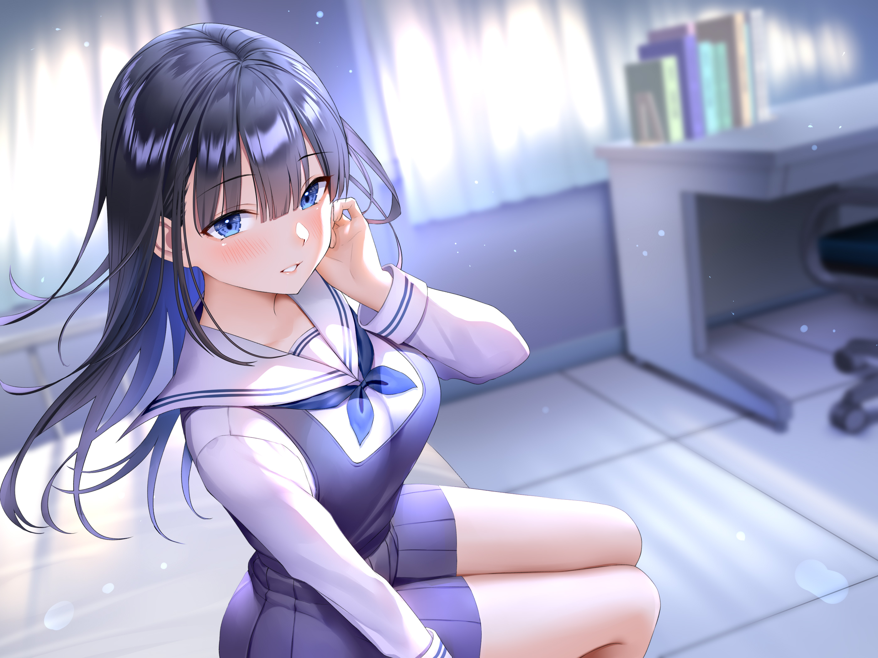Anime 2800x2100 anime anime girls Shimashima08123 artwork dark hair blue eyes blushing school uniform