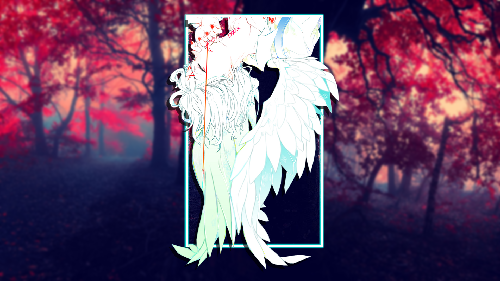 Anime 1920x1080 picture-in-picture forest anime fall red nails cyan hair closed eyes painted nails wings fantasy girl