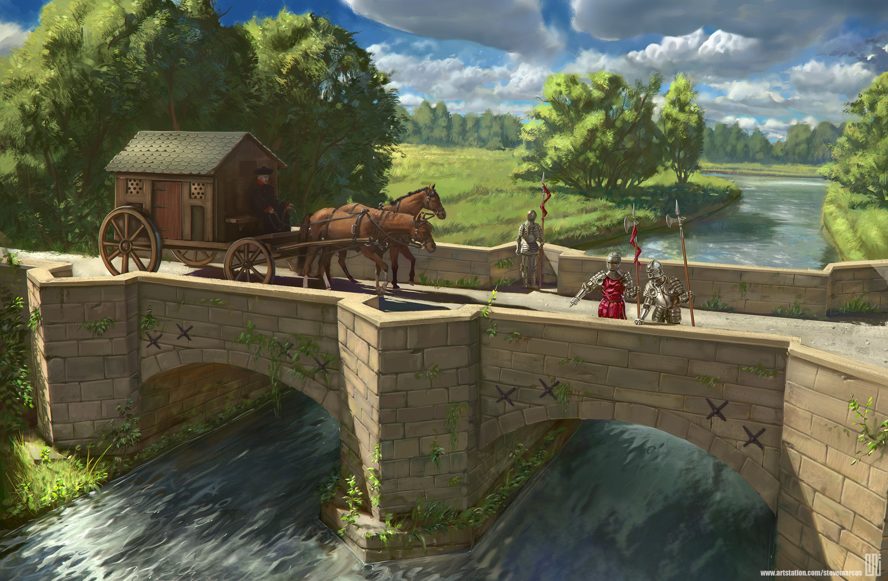 General 1750x1145 artwork digital art horse knight bridge medieval river trees landscape nature clouds Camille Sule