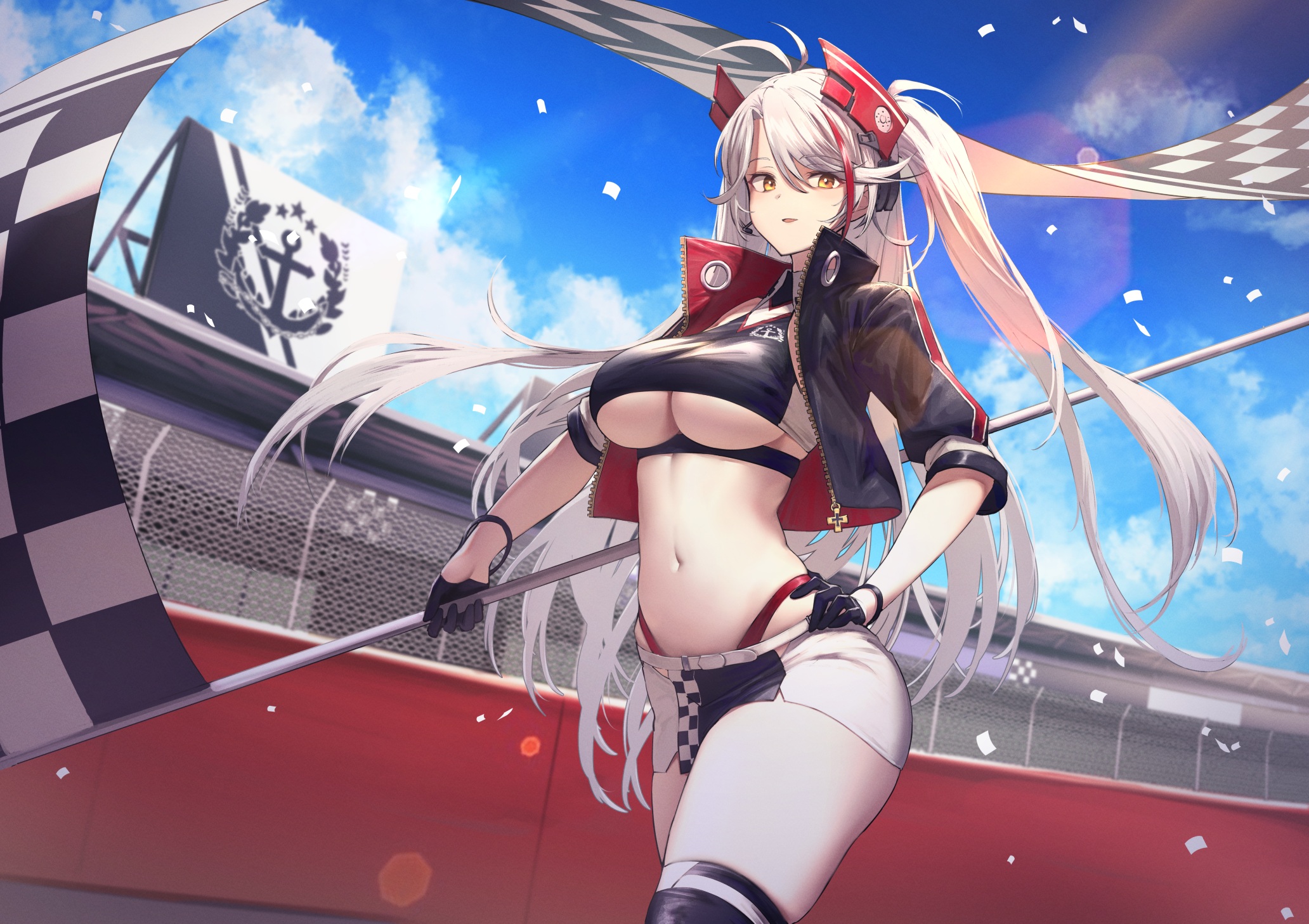 Anime 2064x1457 anime anime girls standing underboob cleavage belly Race Queen Outfit Prinz Eugen (Azur Lane) Azur Lane Itaco race flag