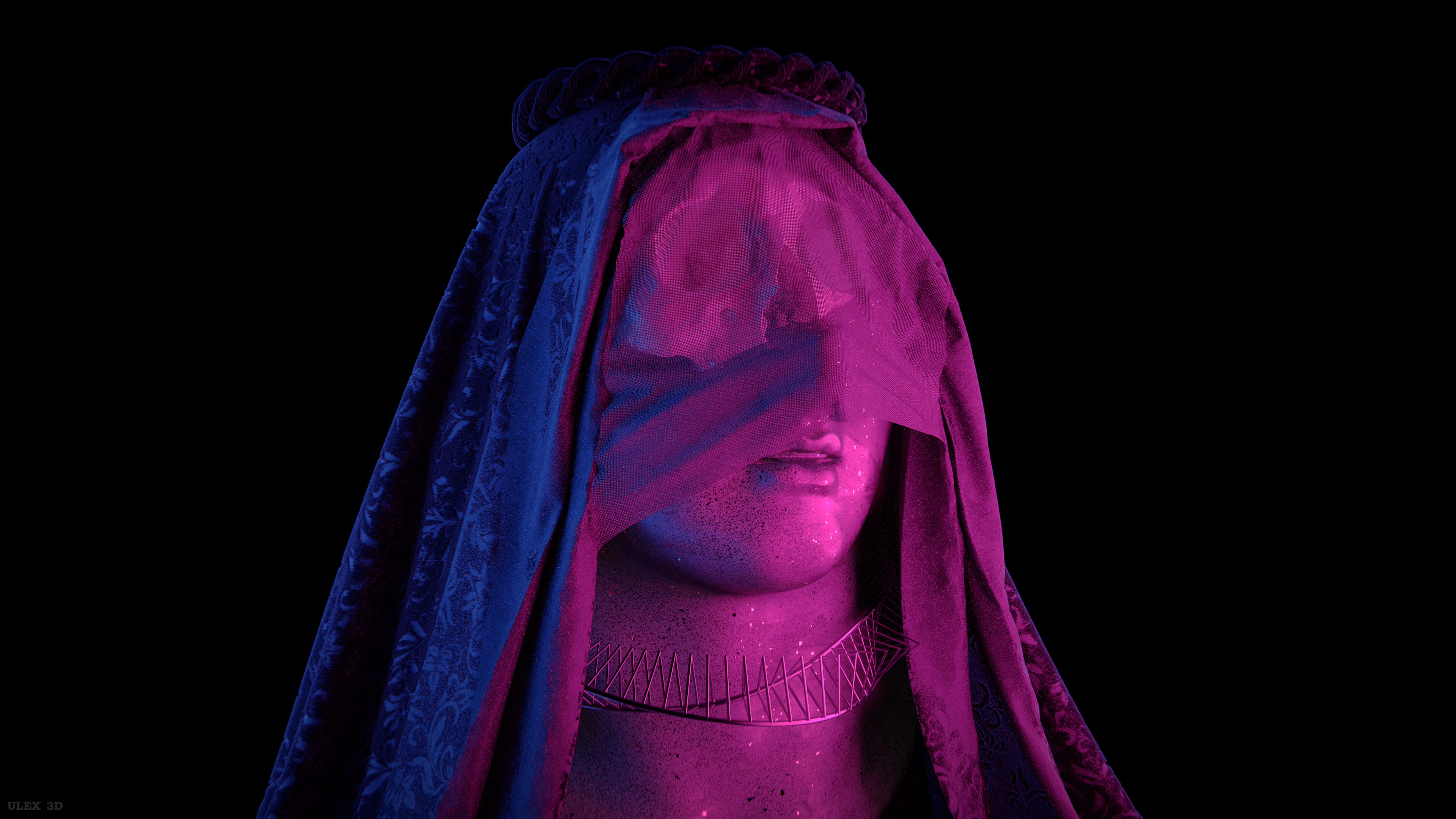 General 3840x2160 portrait statue skull veils neon CGI digital art