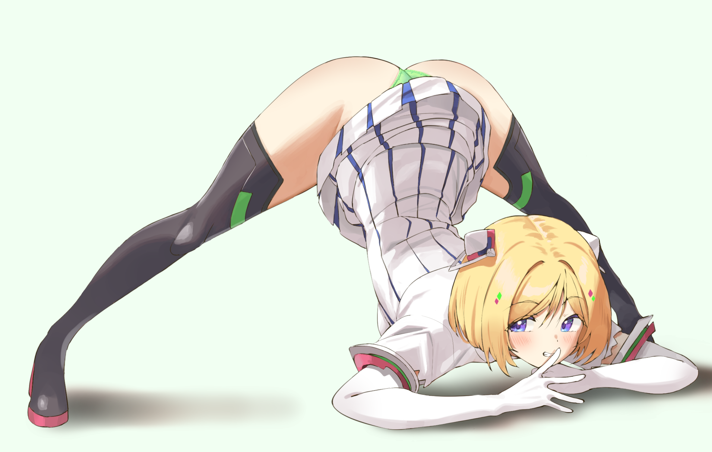 Anime 2361x1500 anime girls Hololive Aki Rosenthal ass green panties thigh high boots blonde bottom up thighs curvy Jack-O Challenge gloves