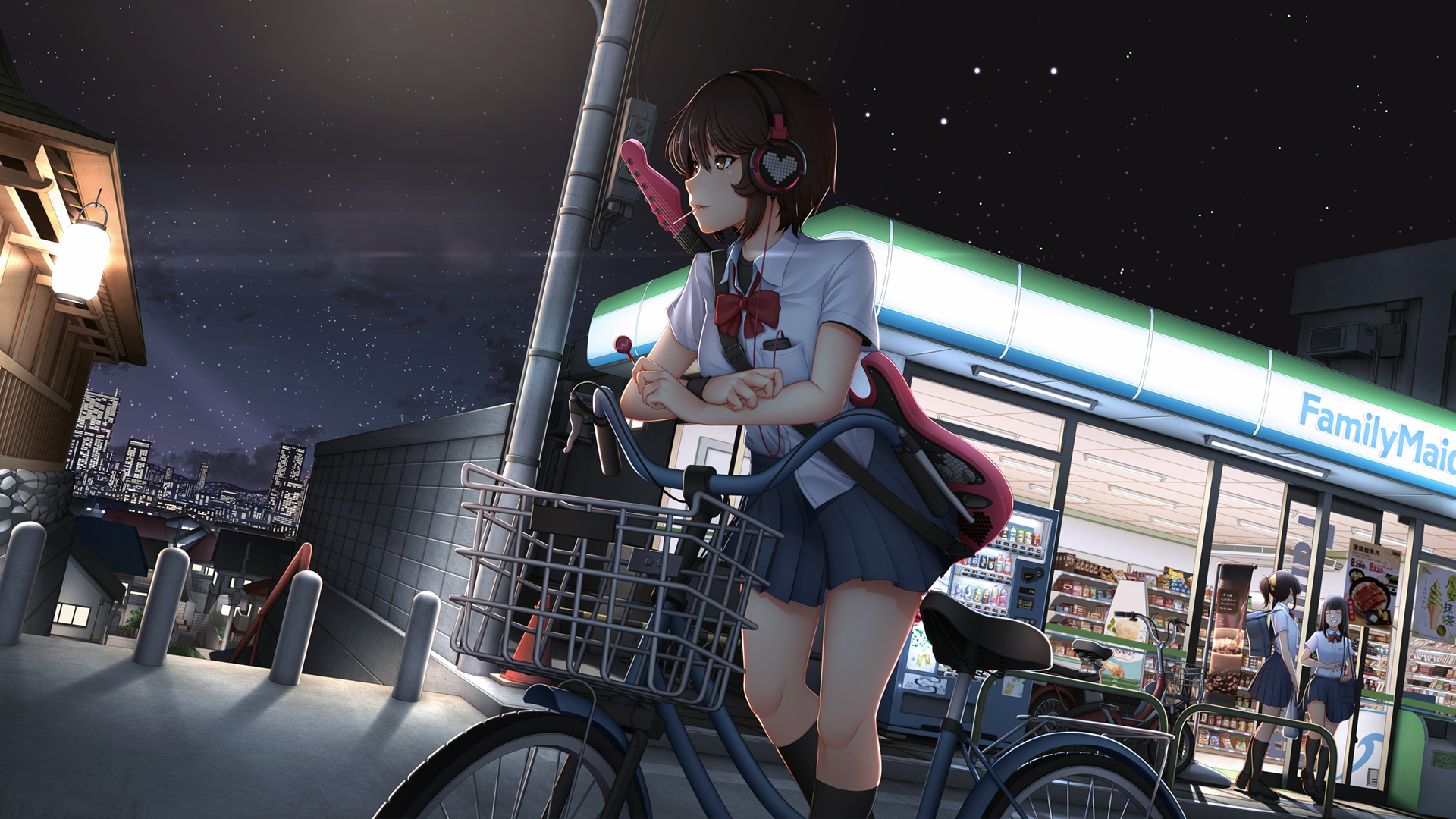 Anime 1920x1080 city schoolgirl Mochi (artist) headphones brunette bicycle guitar night lollipop stars city lights