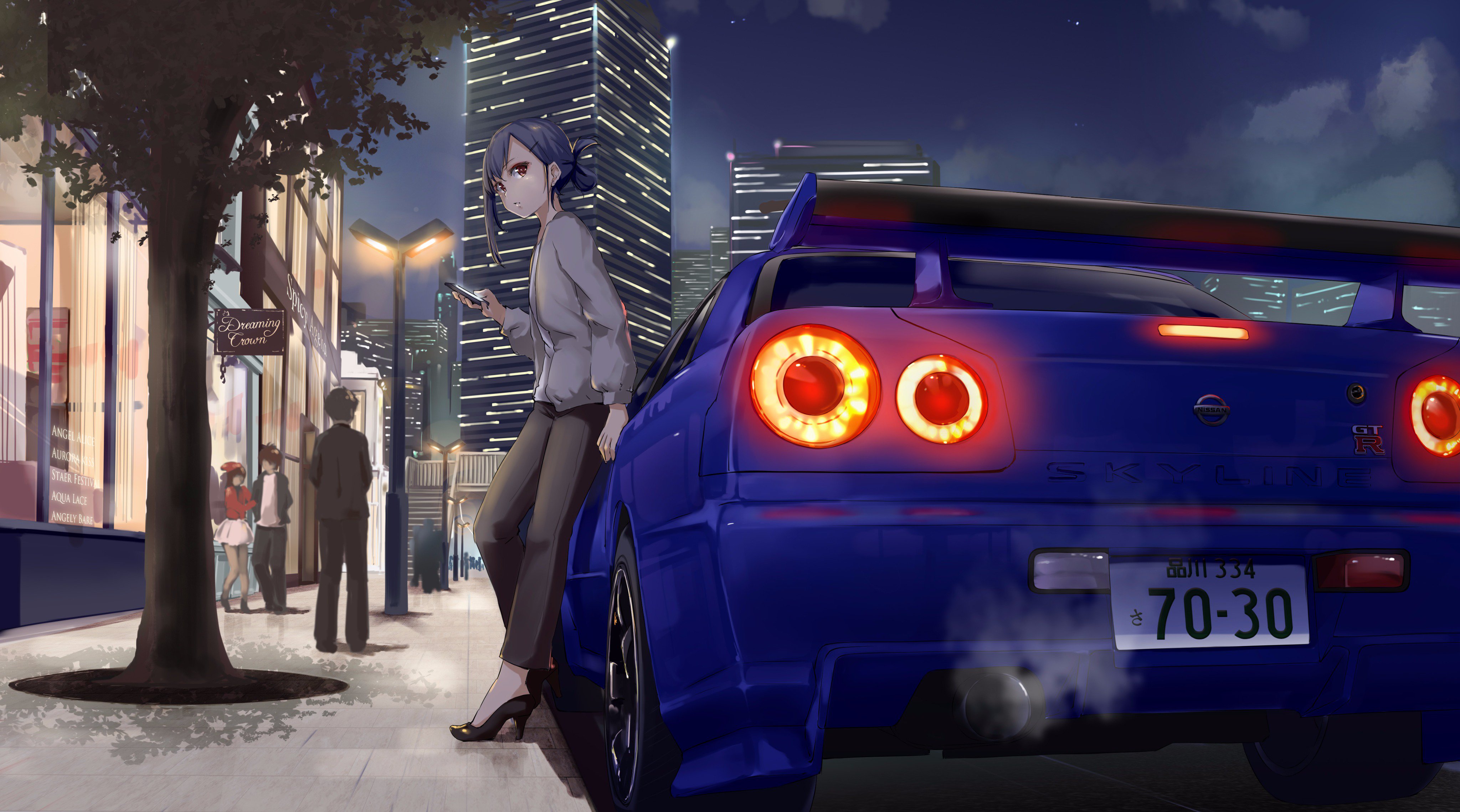 Anime 4096x2279 car anime anime girls tuning engine exhaust exhaust pipes Nissan Nissan Skyline Nissan Skyline R34 women with cars city blue cars vehicle numbers smartphone