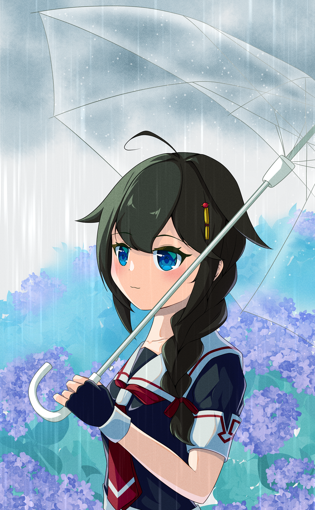 Anime 1085x1754 anime anime girls Kantai Collection Shigure (KanColle) shoulder length hair braids brunette artwork digital art fan art umbrella rain