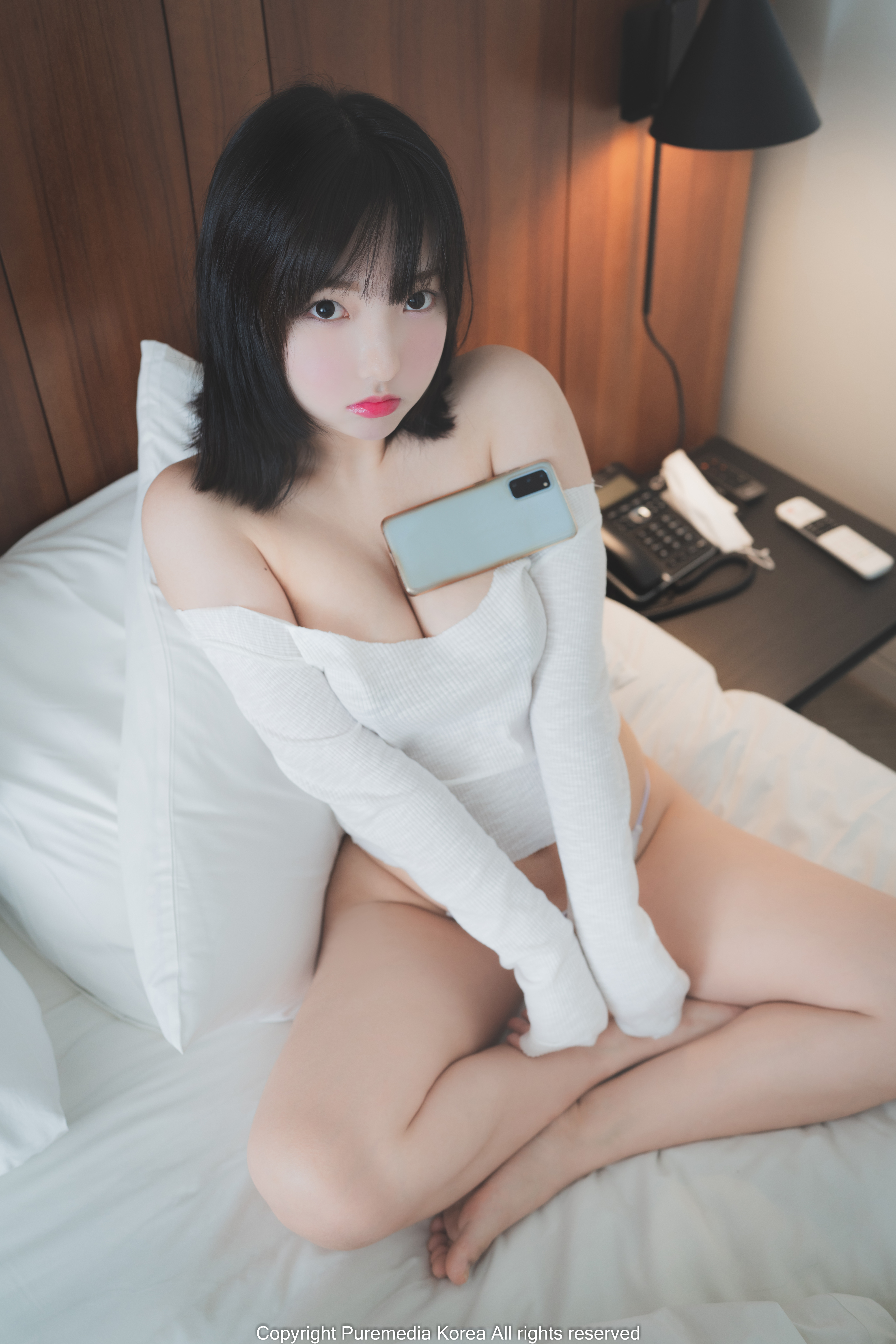 People 4000x6000 Han Som Pure Media women model brunette Asian Korean women white tops bare shoulders cleavage no bra in bed women indoors barefoot smartphone