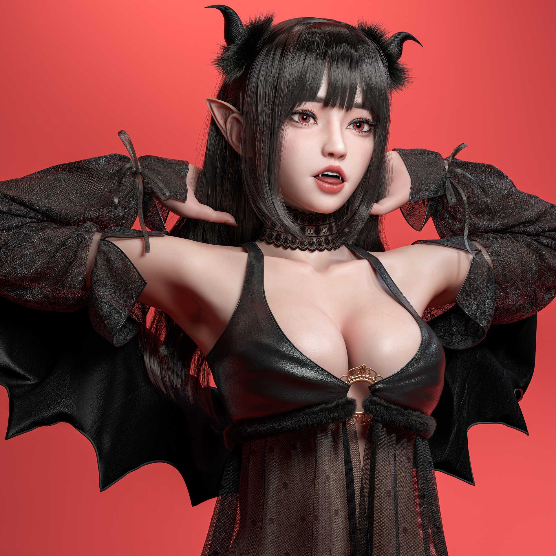 General 1920x1920 JueFei Kay CGI black lingerie succubus red eyes cleavage red background big boobs simple background digital art