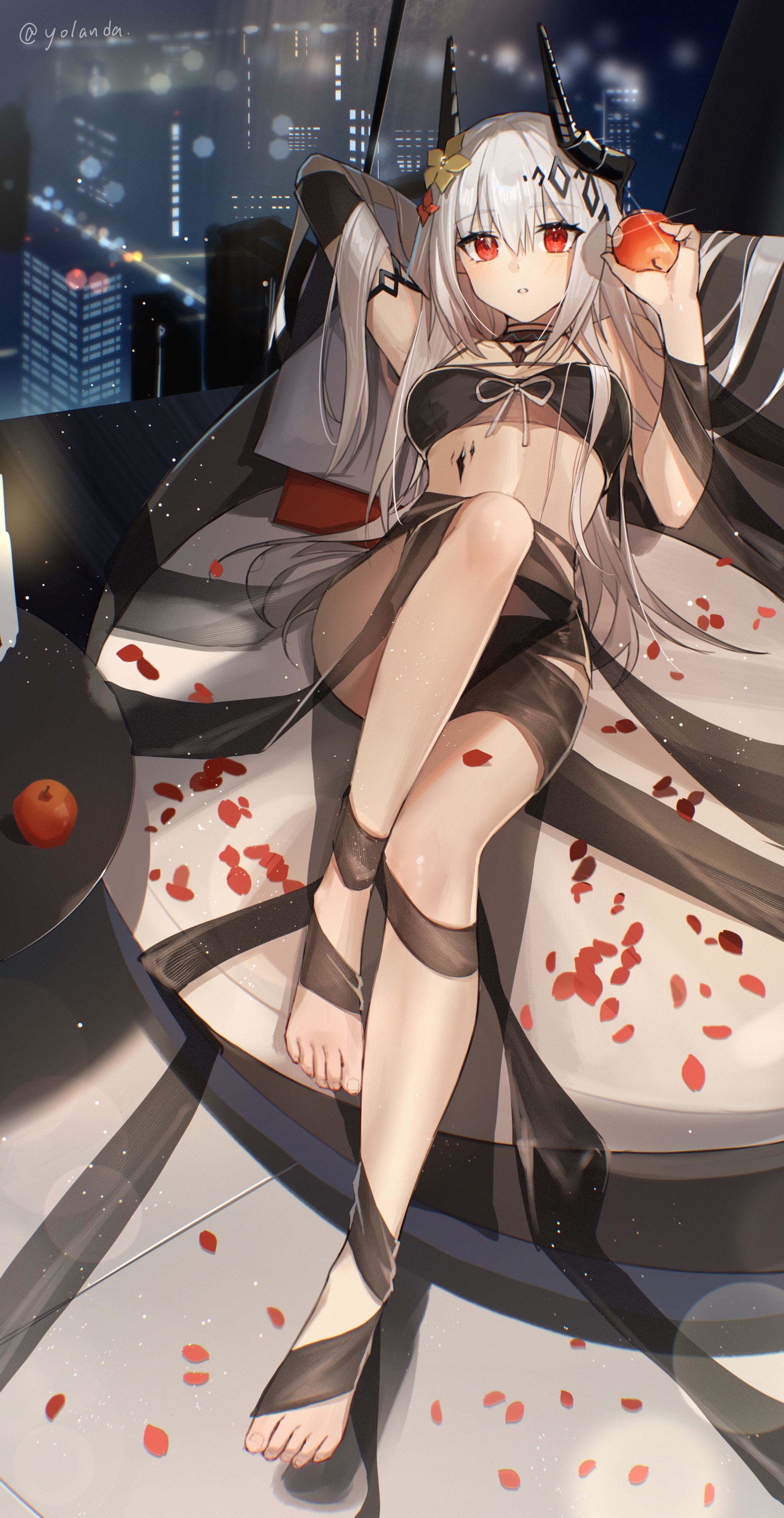 Anime 2170x4200 Yolanda anime petals white hair horns red eyes apples fruit anime girls belly lying on back