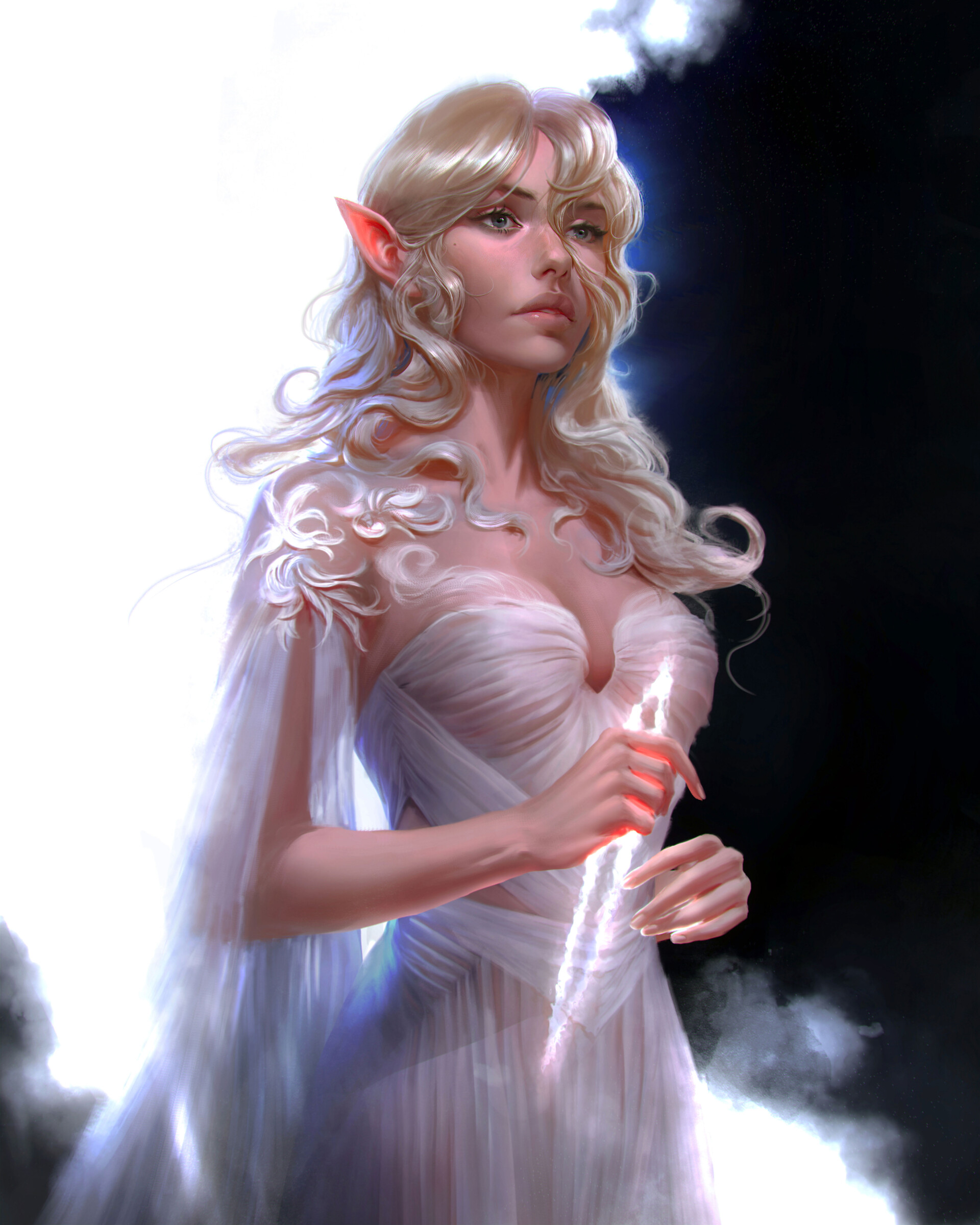 General 1920x2400 artwork fantasy art fantasy girl dress white dress pointy ears blonde long hair white clothing