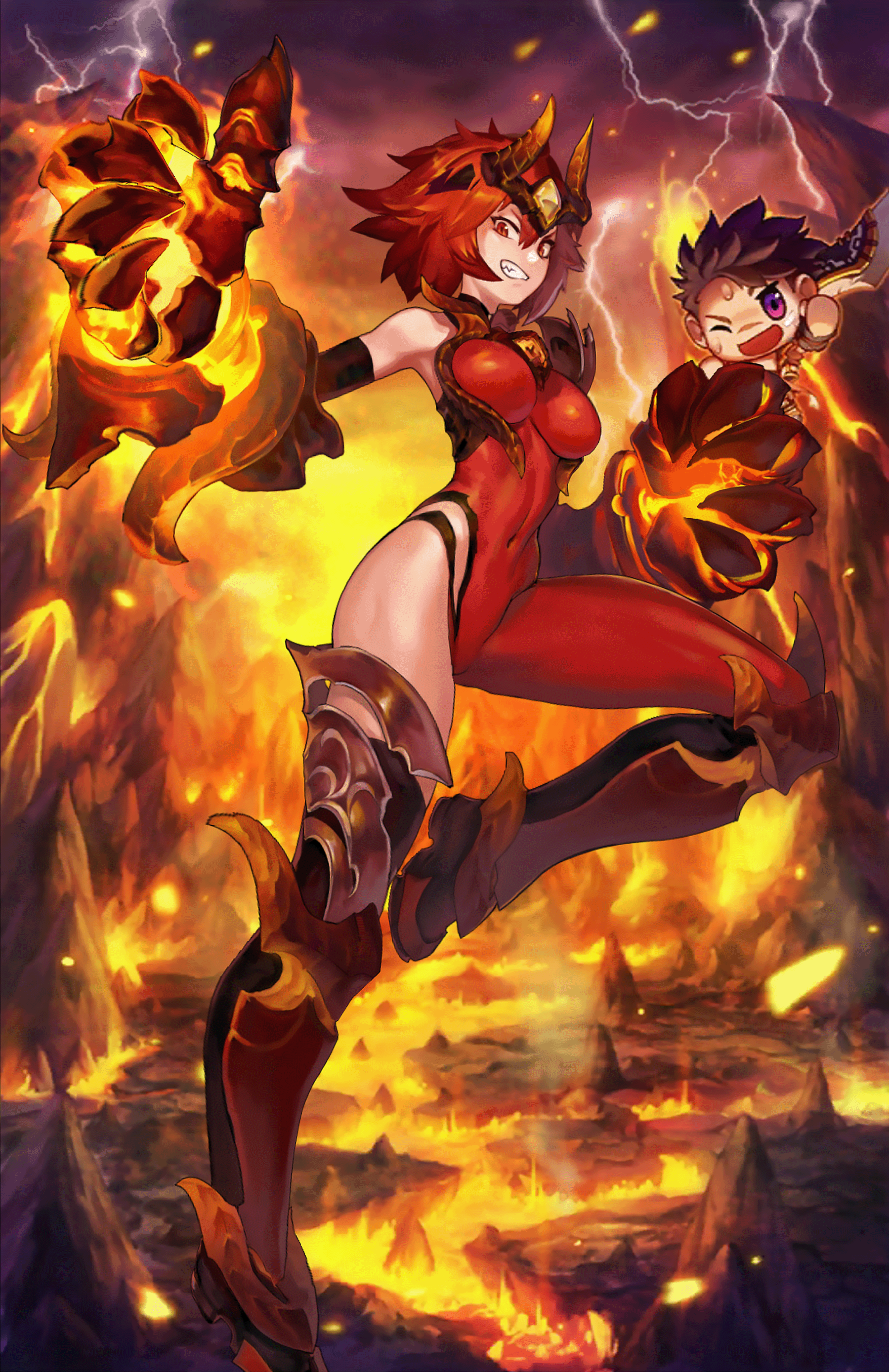 Anime 1799x2778 Guardian Tales Vishuvac (Guardian Tales) anime anime girls slim body smiling redhead fantasy art fantasy girl horns fire burning