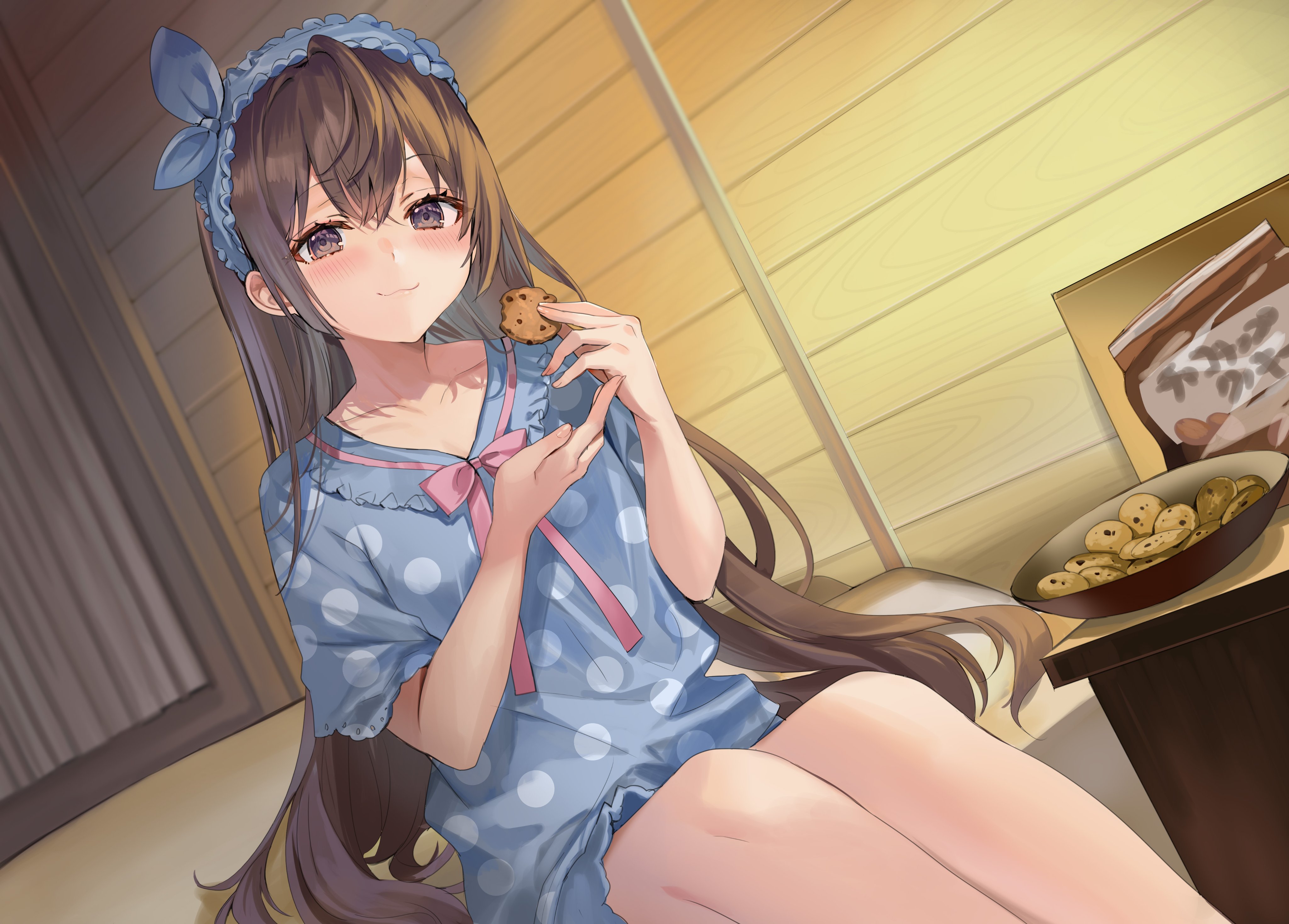 Anime 4096x2936 anime anime girls cookies sweets eating purple eyes long hair brunette