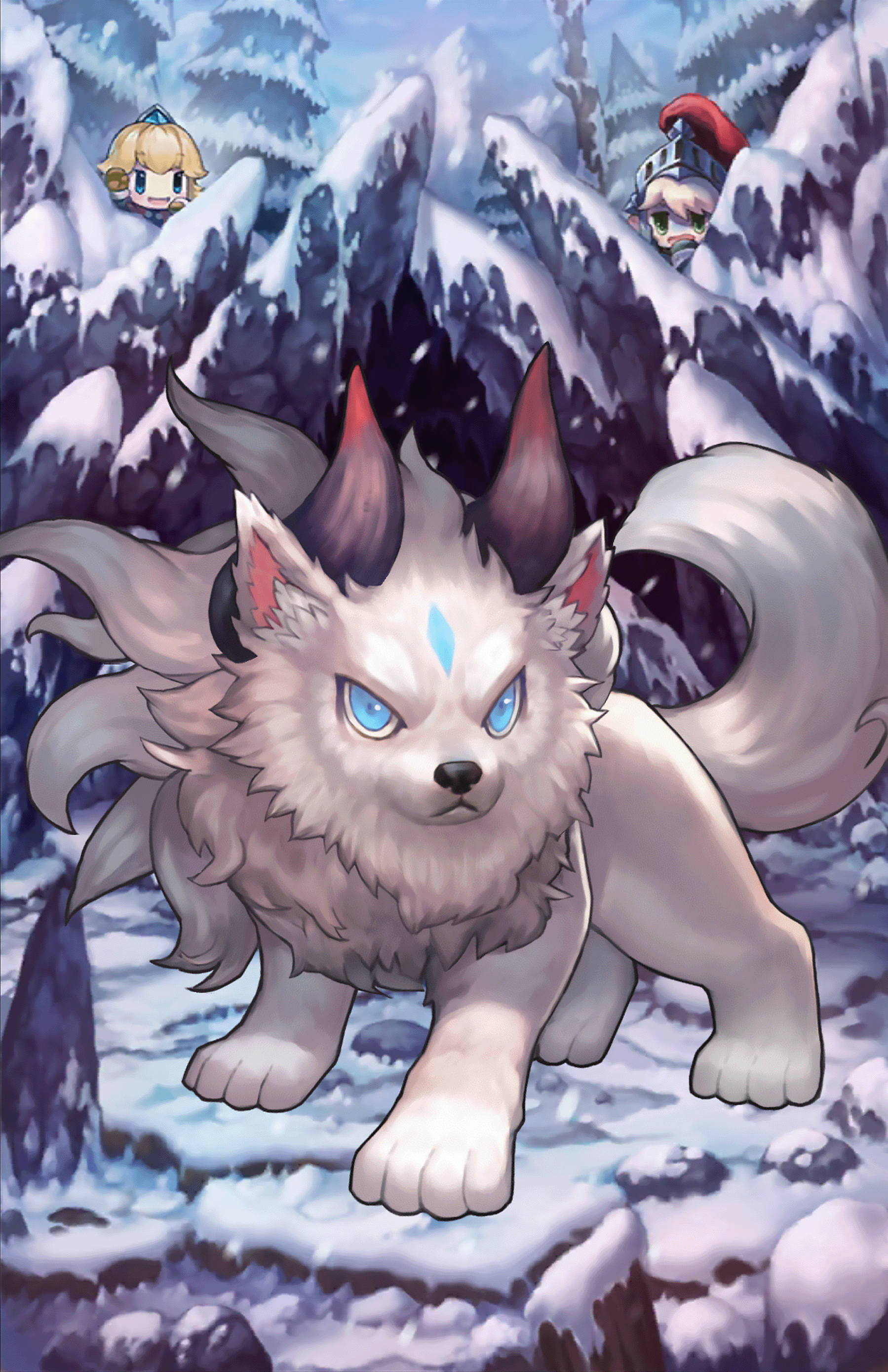 Anime 1799x2778 Guardian Tales White Beast (Guardian Tales) horns tail blue eyes dog PC gaming creature anime
