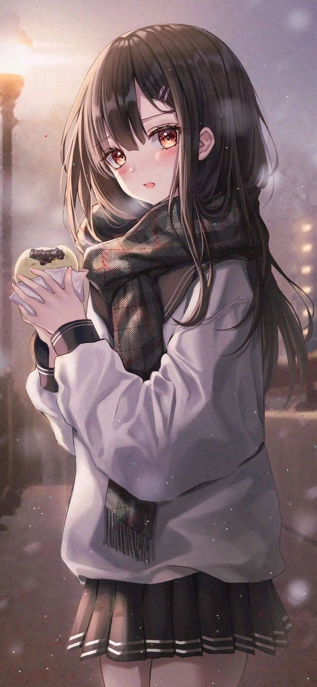 Anime 1080x2336 anime anime girls food eating scarf school uniform dark hair brown eyes Icebox46 artwork