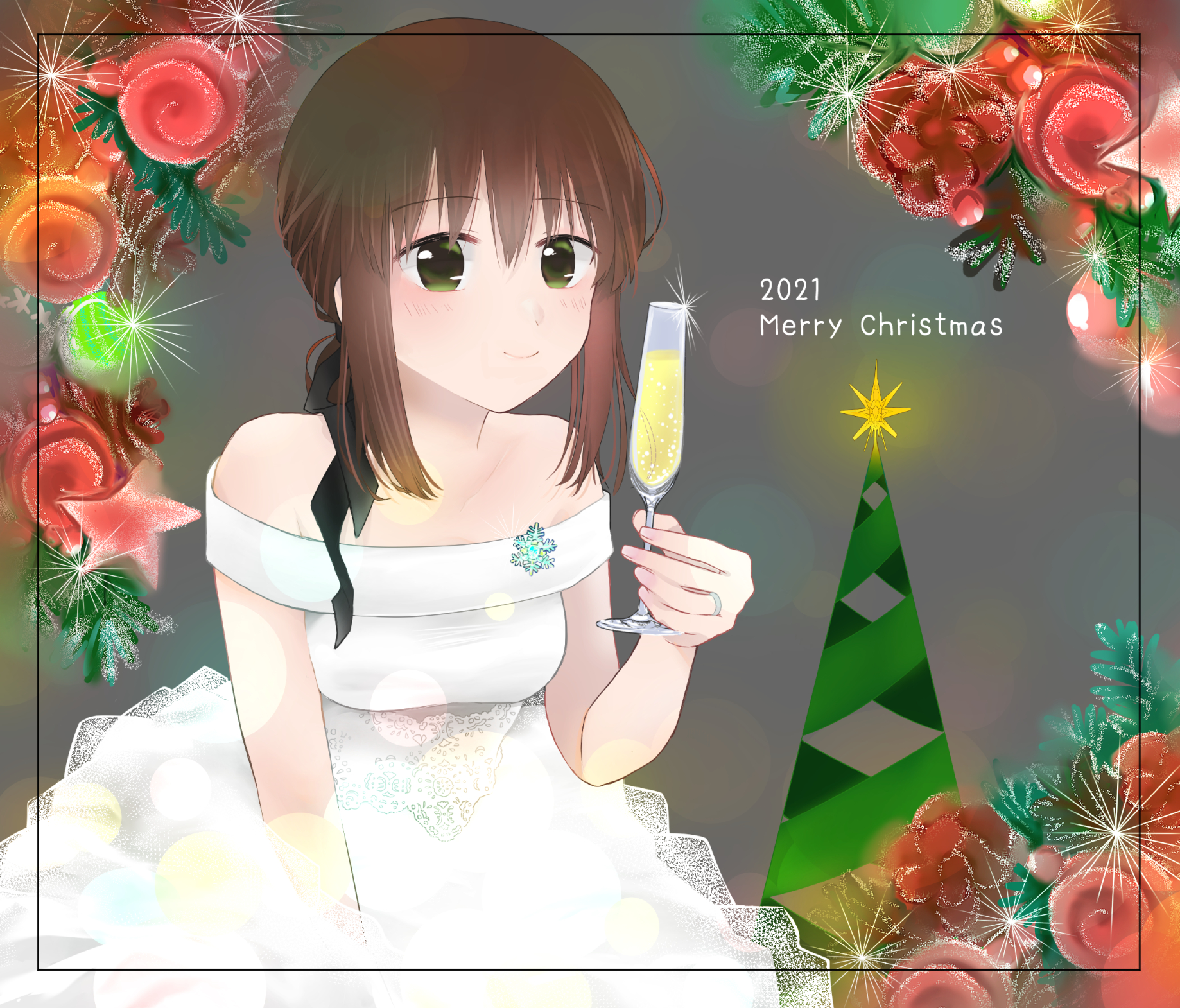 Anime 1838x1570 Christmas anime anime girls Kantai Collection Fubuki (KanColle) ponytail brunette artwork digital art fan art champagne alcohol