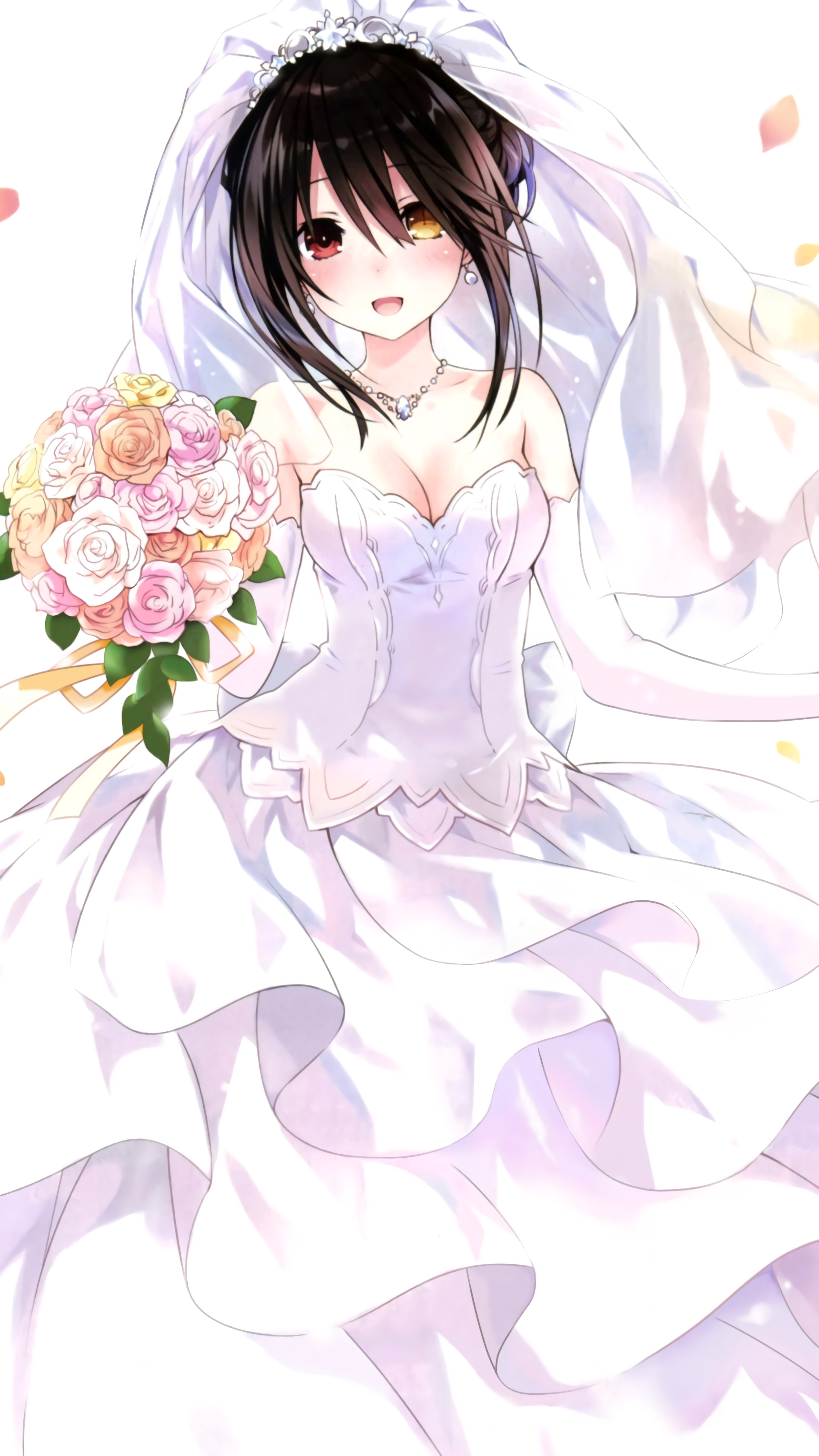 Anime 4320x7680 Tokisaki Kurumi Date A Live anime girls wedding dress cleavage flowers dark hair heterochromia Tsunako