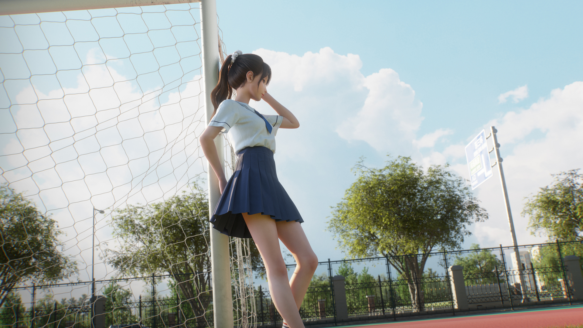 Anime 1920x1080 school uniform clouds anime anime girls leaning skirt women legs looking away