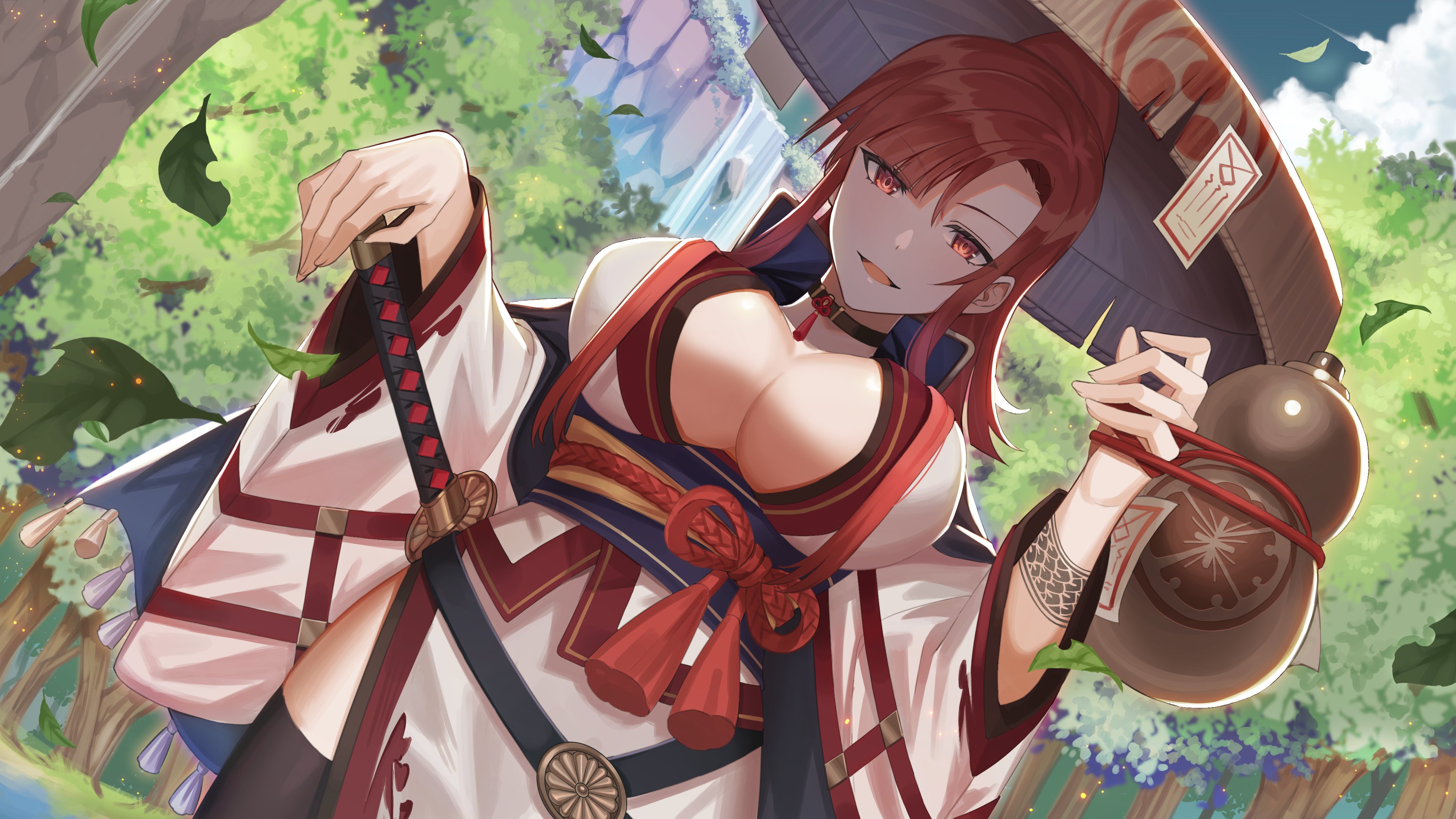 Anime 3840x2160 anime anime girls big boobs women with swords sword leaves cleavage Japanese clothes hat redhead red eyes artwork Amahara Subaru
