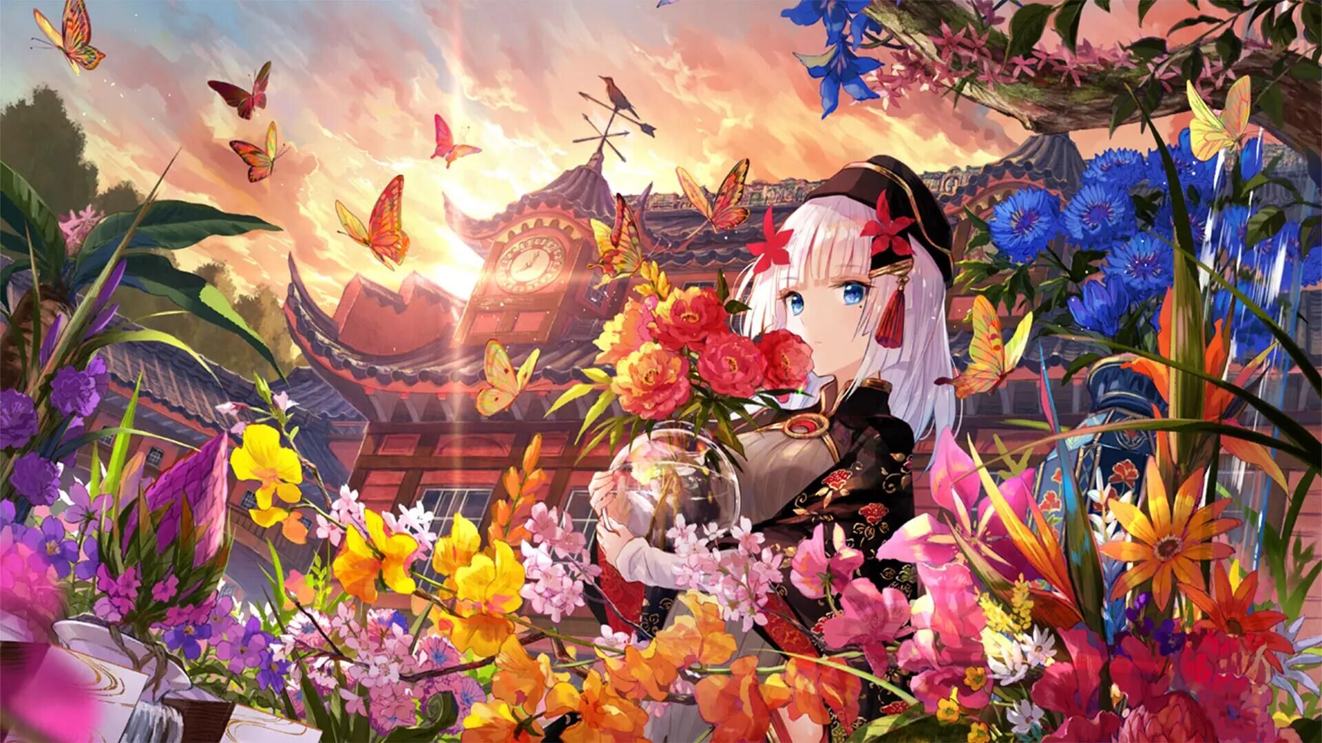 Anime 1920x1080 anime girls butterfly flowers garden sky artwork Fuji Choko white hair blue eyes