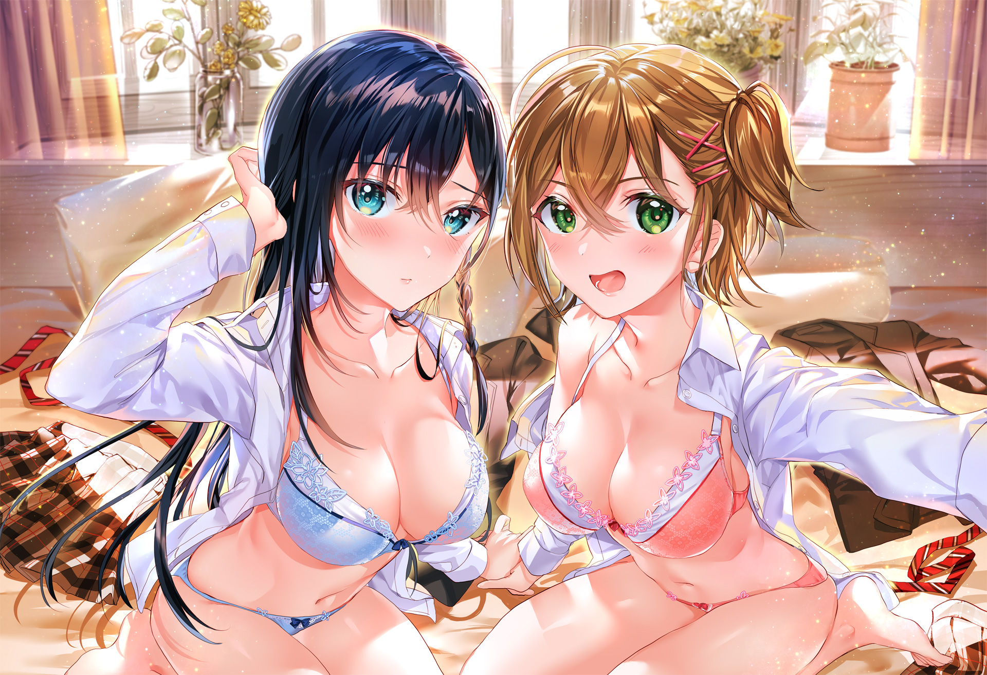 Anime 1920x1314 Kagamino Mochiko anime anime girls underwear bra panties cleavage kneeling open shirt big boobs selfies