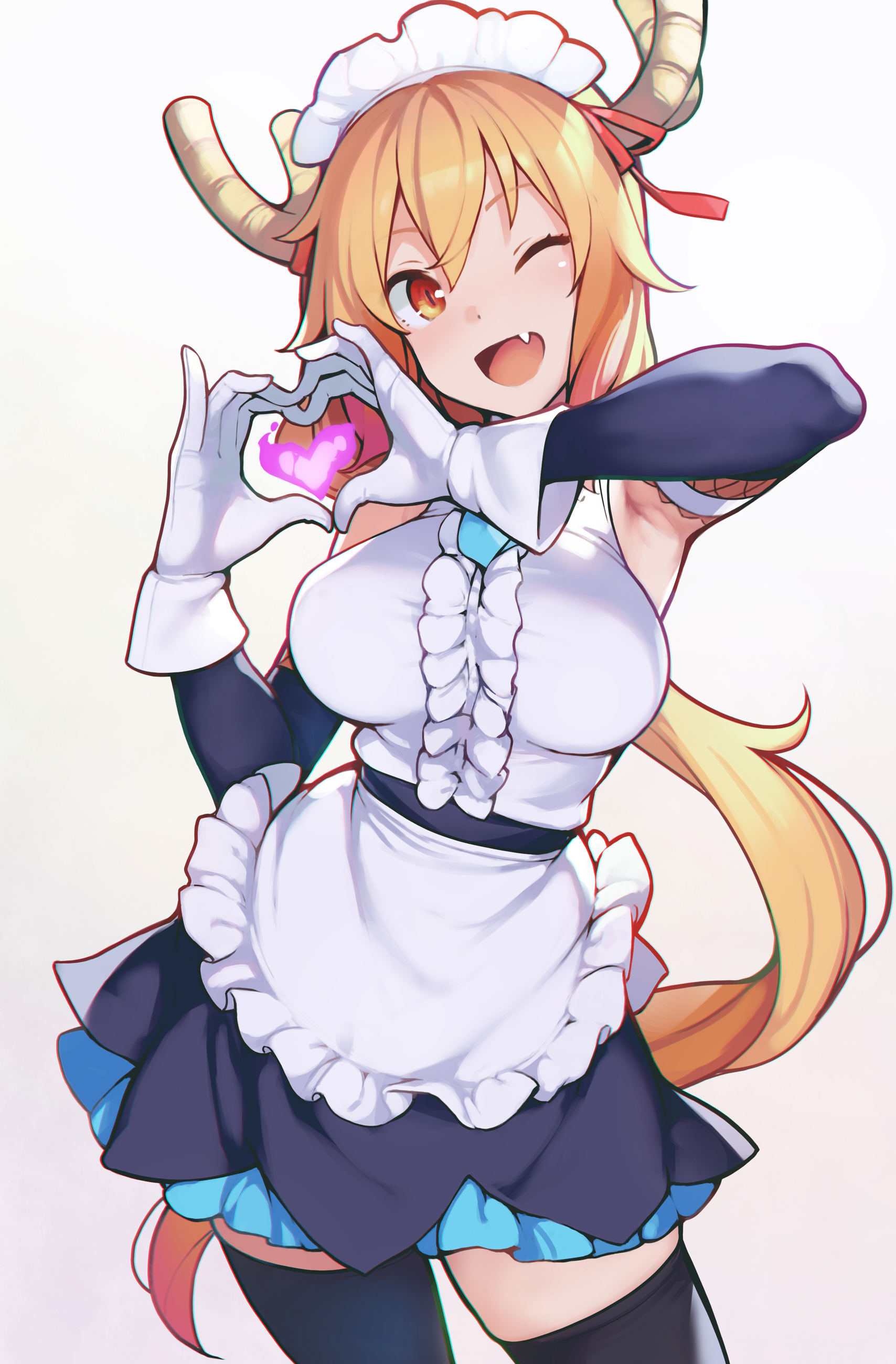 Anime 1708x2600 Kobayashi-san Chi no Maid Dragon big boobs long hair twintails gradient hair blushing curvy maid outfit dragon girl white gloves standing red eyes horns sleeveless apron thighs black stockings hair ribbon red ribbons heart hands armpits one eye closed fangs bangs anime girls smile fan art 2D anime simple background looking at viewer blonde redhead vertical artwork Ataruman