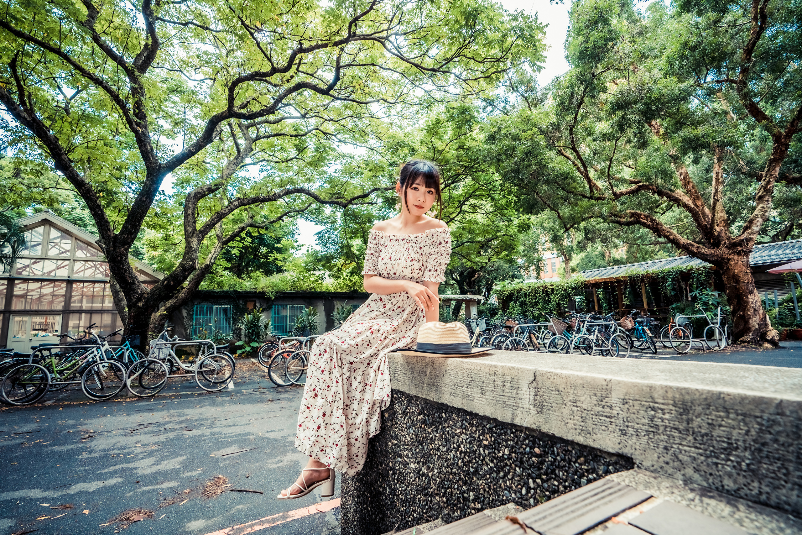 People 2560x1707 Asian model women women outdoors long hair dark hair trees flower dress bare shoulders ponytail straw hat barefoot sandal stairs wall sitting greenhouse bicycle