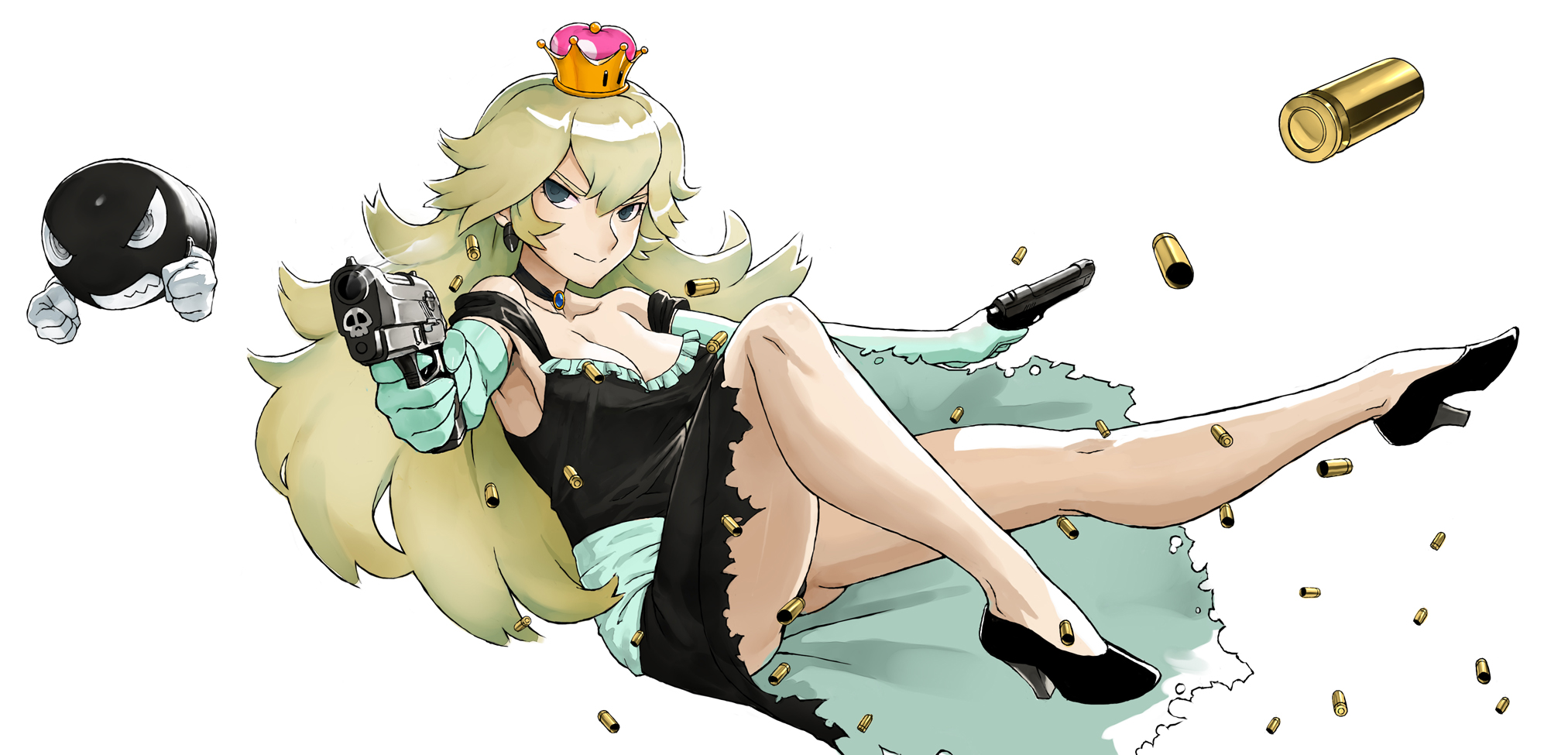 Anime 2025x975 Mario Bros. super crown Bowsette princess bullet gun dress anime girls ammunition cleavage legs crown