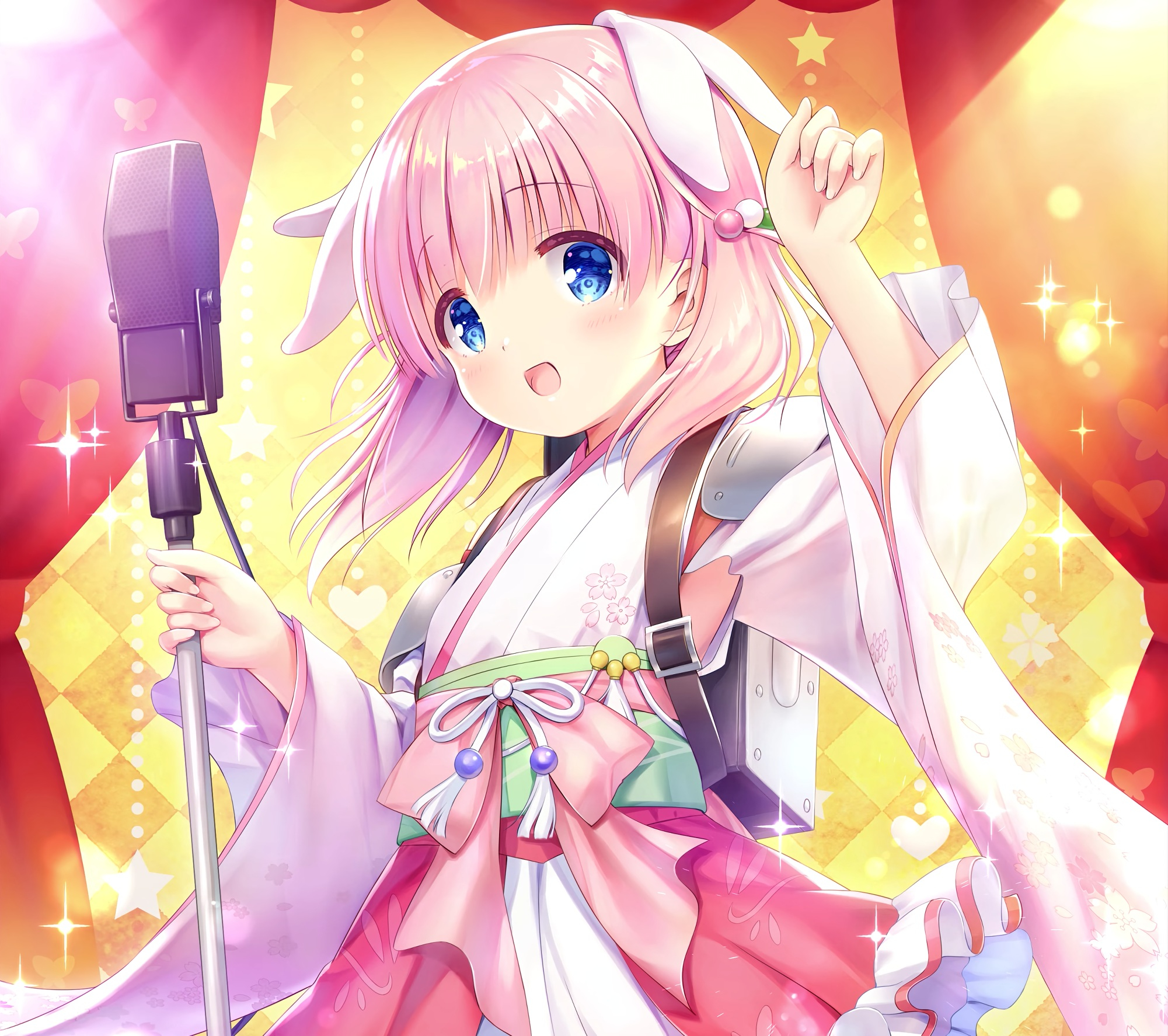 Anime 2001x1775 Haizakura prima doll pink hair kimono sparkles short hair blue eyes looking at viewer microphone singing loli anime anime girls open mouth Na-Ga