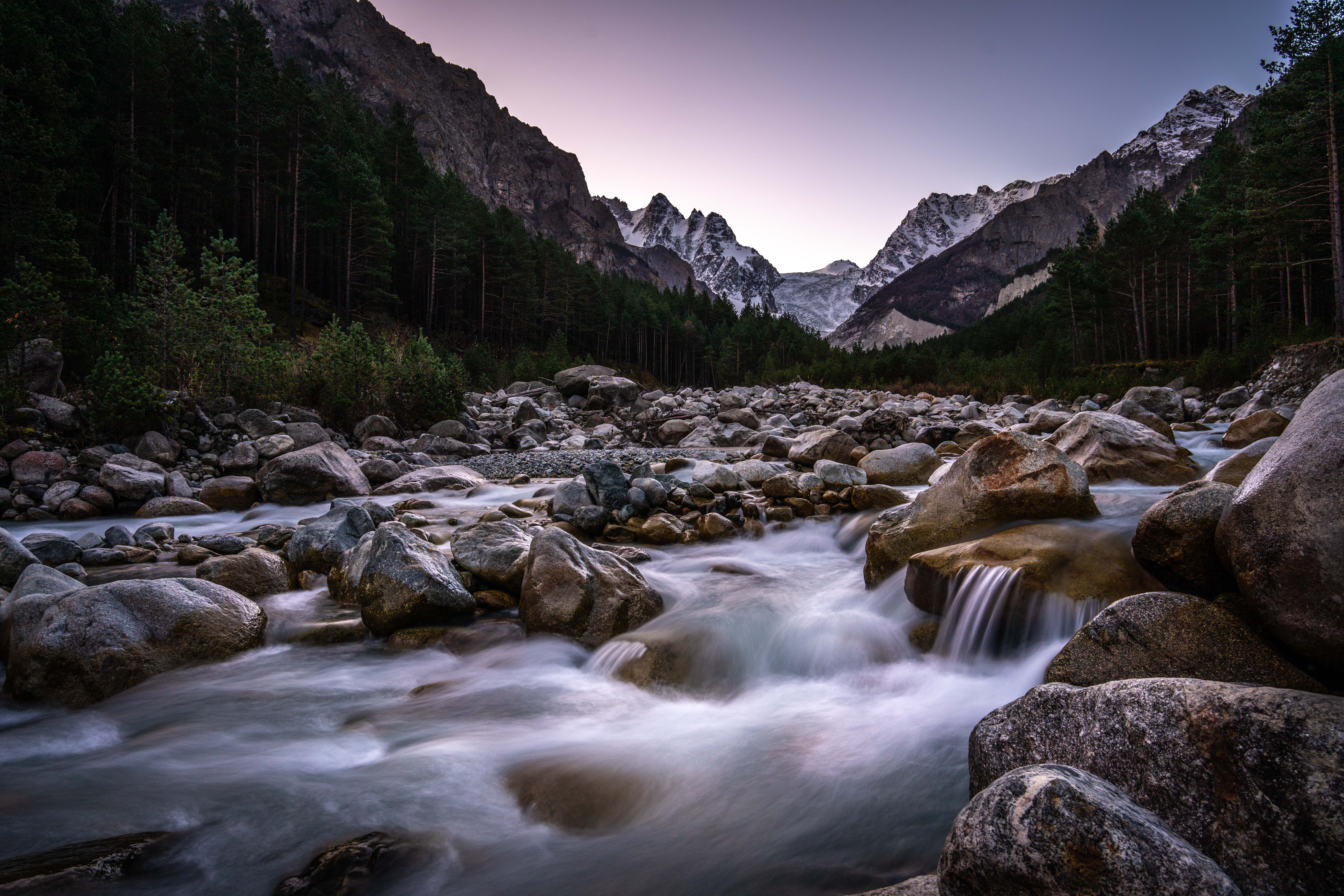 General 7751x5170 mountains Glacier River forest clear sky sunset rocks Alania national park North Ossetia nature river