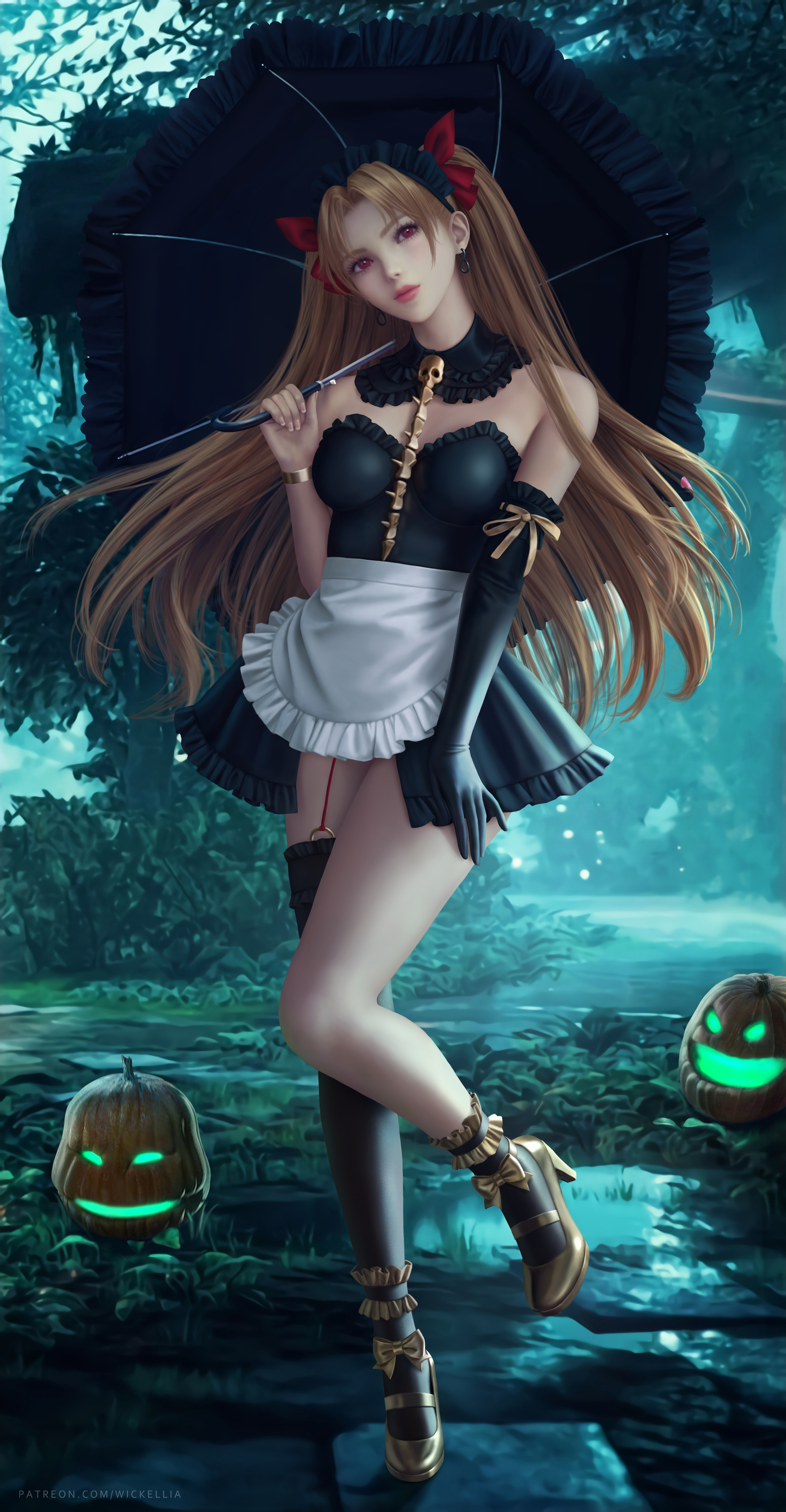 Anime 3900x7500 Ereshkigal (Fate/Grand Order) Fate/Grand Order anime anime girls twintails umbrella dress maid outfit maid stockings garter straps 2D artwork drawing fan art Wickellia bare shoulders elbow gloves