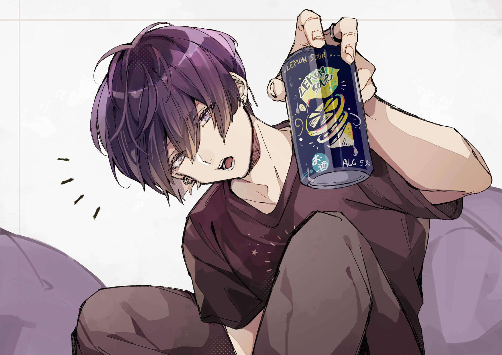 Anime 2000x1414 anime anime boys original characters beer white background short hair open mouth looking at viewer purple hair