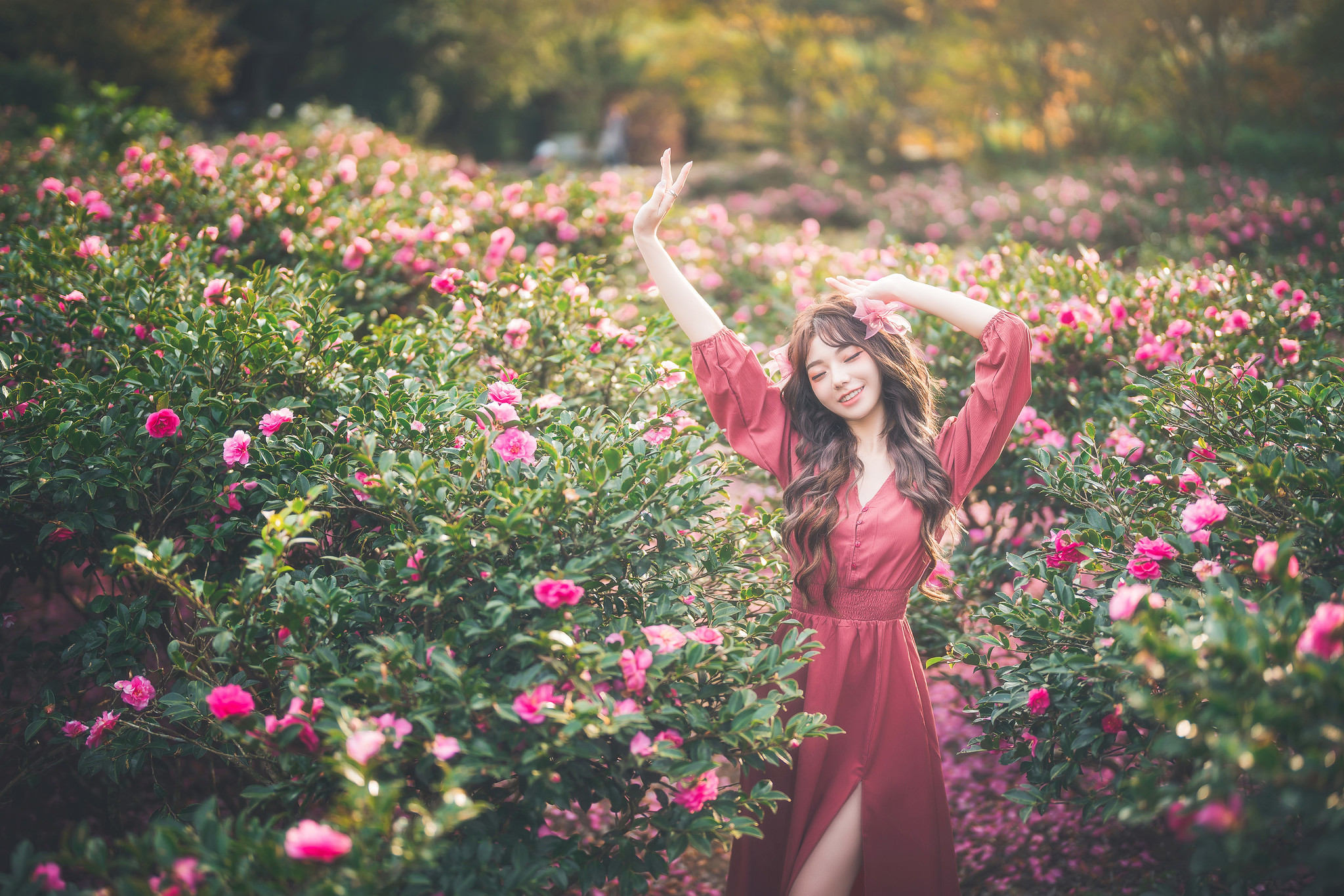 People 2048x1366 Asian women model women outdoors happy red clothing arms up outdoors flowers plants brunette Chuchu