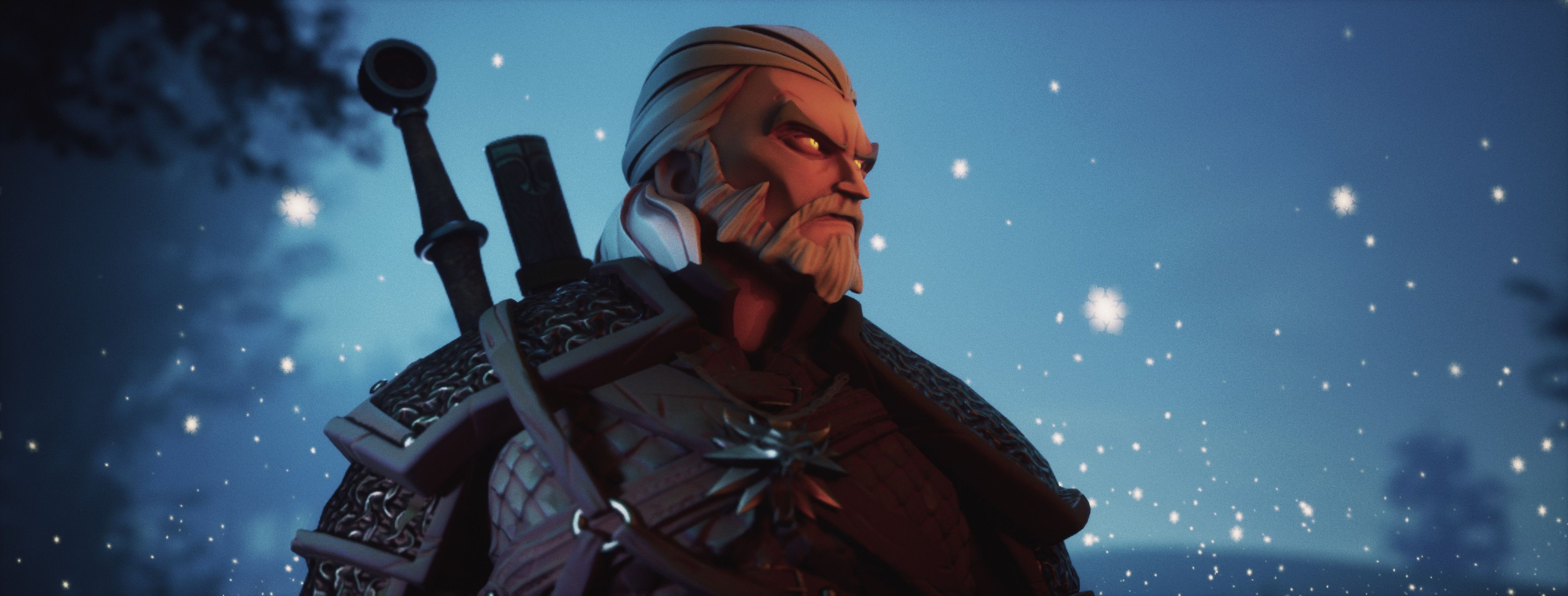 General 3840x1460 Michele Marchionni snow ultrawide snowflakes The Witcher 3: Wild Hunt digital art The Witcher fan art sword Geralt of Rivia CGI video game characters CD Projekt RED ArtStation