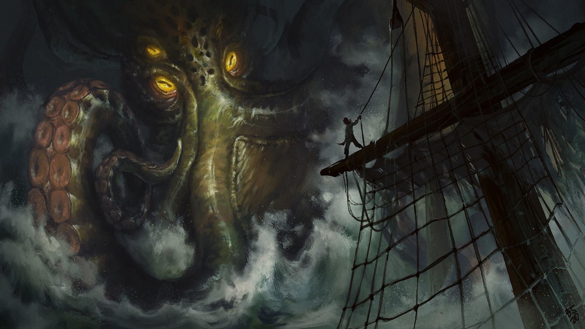 General 1920x1080 artwork fantasy art Kraken sailors sailing ship