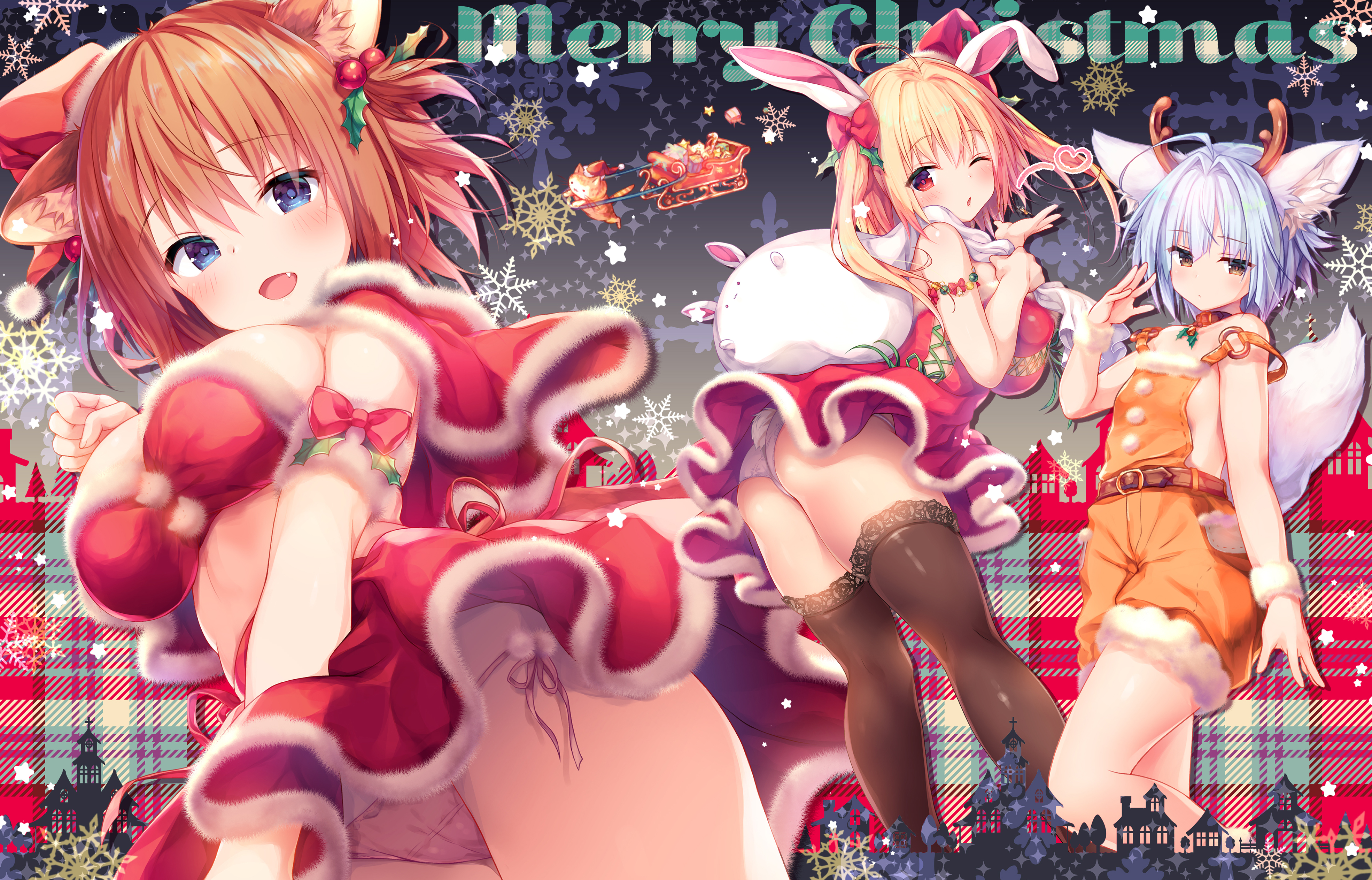 Anime 3939x2525 anime anime girls Konomi artwork Christmas Santa girl Christmas clothes christmas dress horns animal ears tail crop top skirt dress overalls thigh-highs upskirt panties ass big boobs small boobs