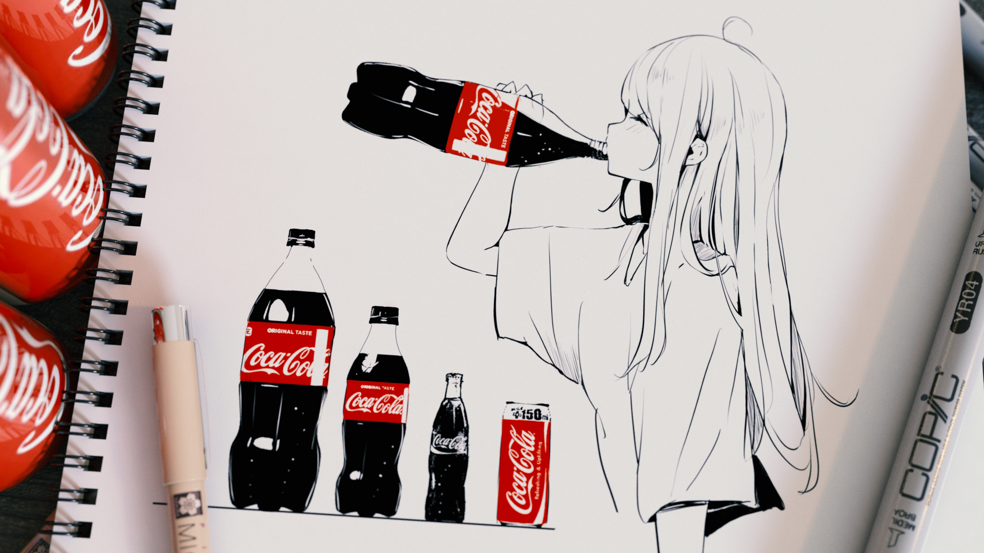 Anime 1920x1080 painting monochrome artwork Hanecha1220 anime girls Coca-Cola