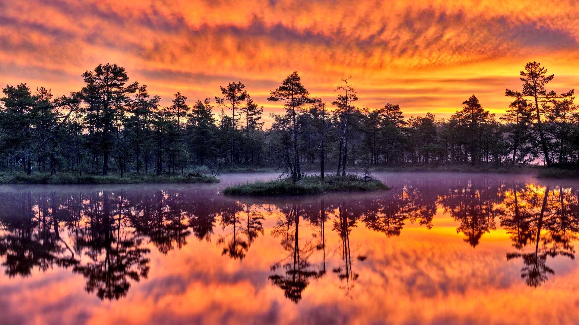 General 1920x1080 nature sunset reflection trees clouds lake