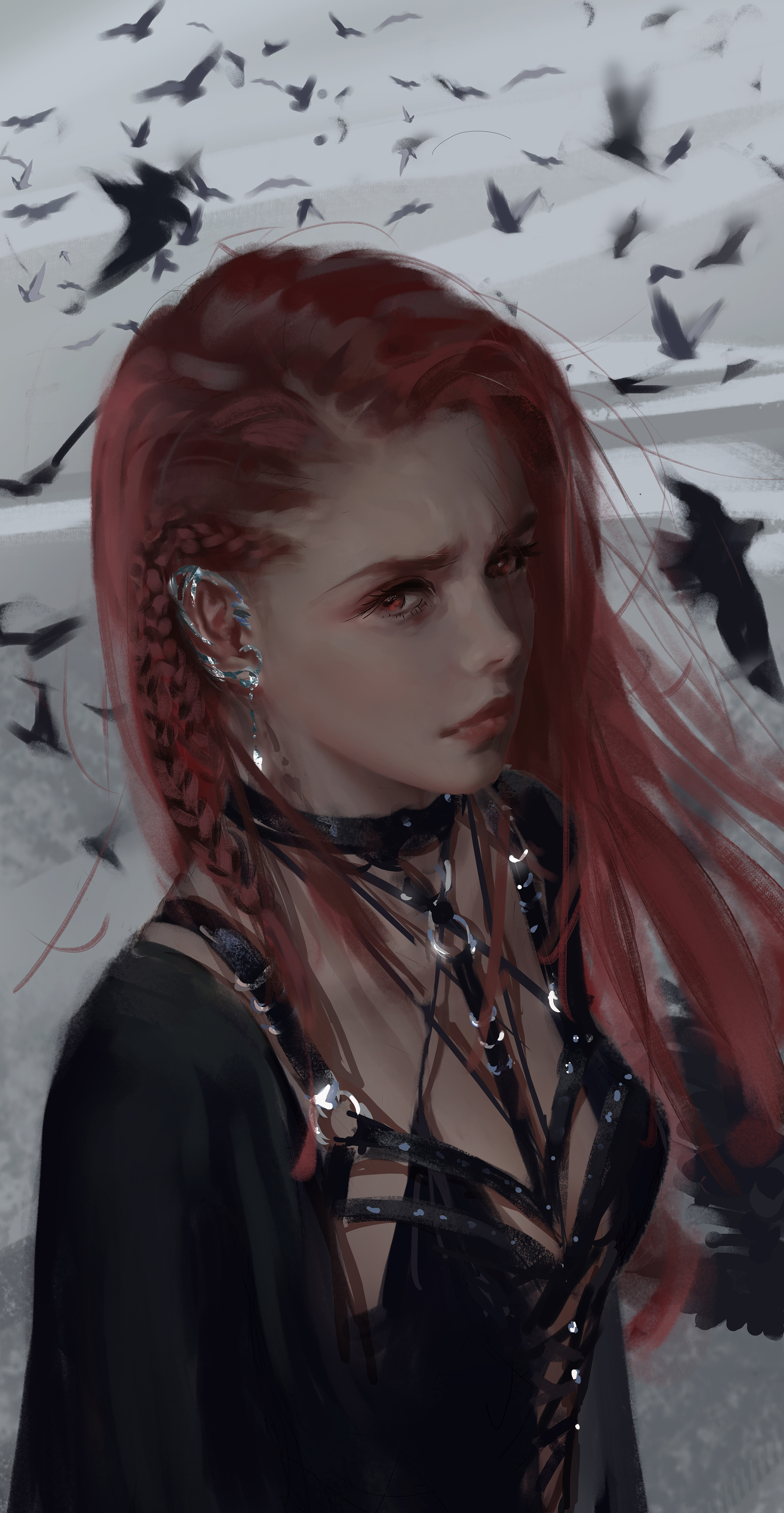 Anime 2408x4644 WLOP digital art redhead crow fantasy girl birds face women