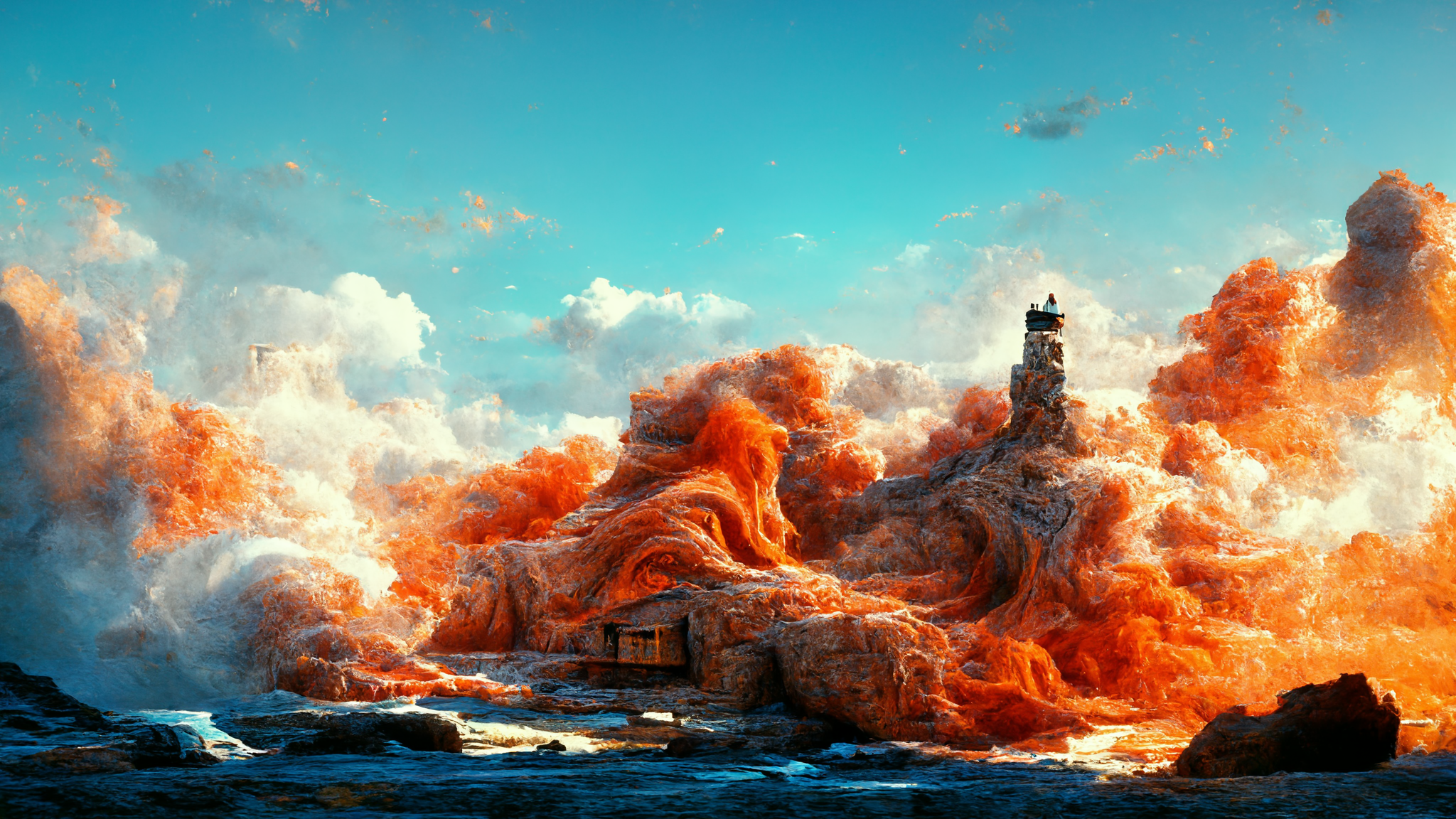 General 2048x1152 house cliff storm orange fire ocean view AI art