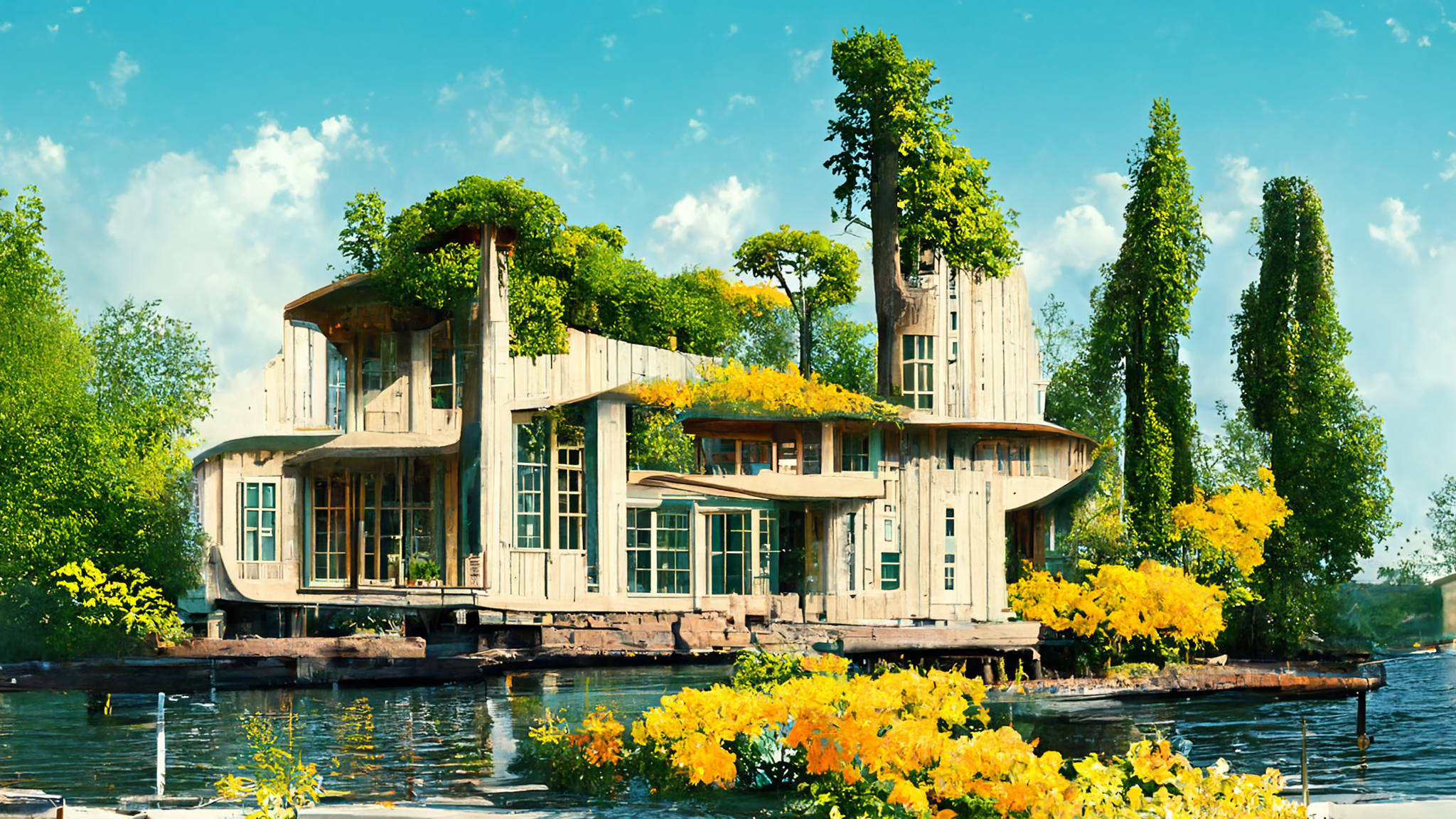 General 2048x1152 landscape forest flowers trees sea lake window house cottage bushes CGI water AI art