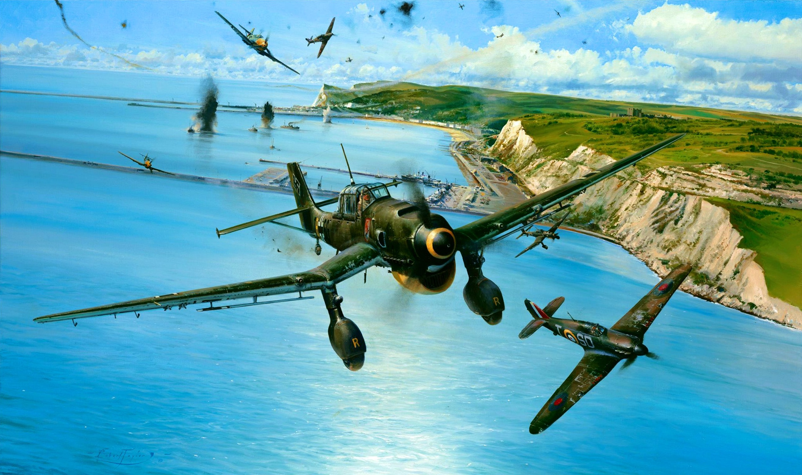 General 2556x1516 World War II military military aircraft aircraft airplane Boxart Luftwaffe Germany Junkers Bomber Cliffs of Dover Dive bomber German aircraft water flying Battle of Britain sky Junkers Ju-87 Stuka signature