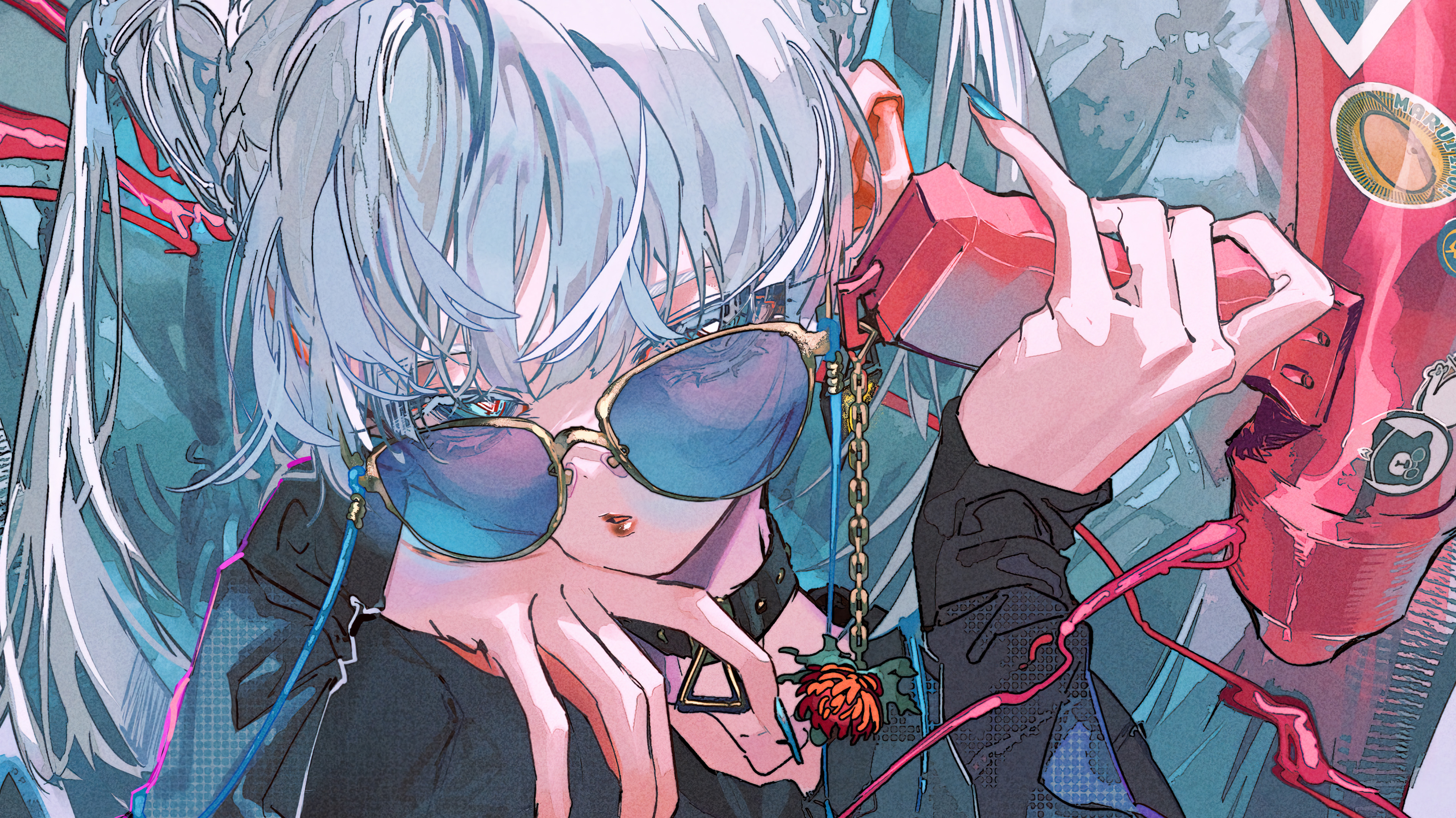 Anime 3840x2160 anime girls goggles digital art sunglasses blue hair choker