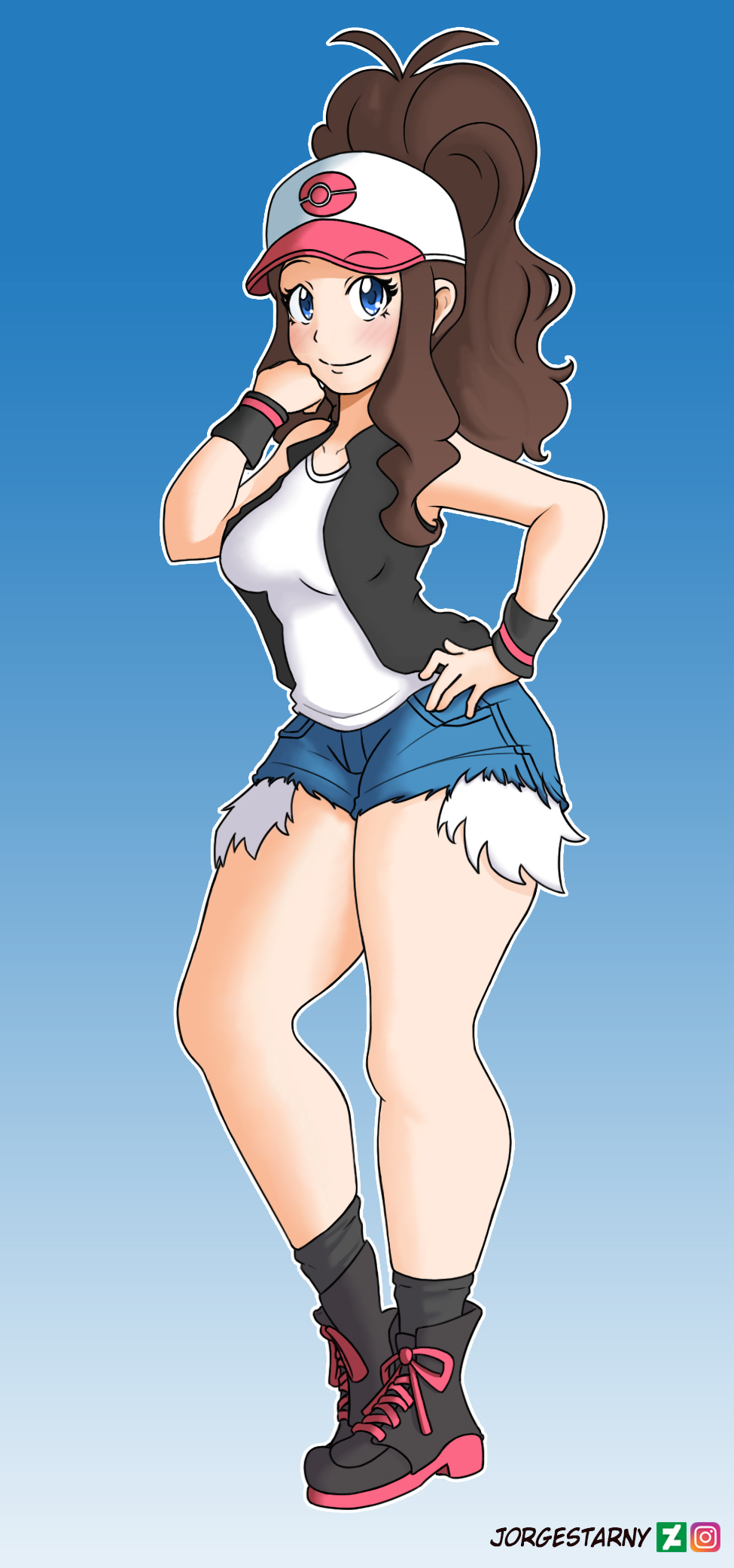 Anime 975x2083 anime anime girls Pokémon Hilda (Pokémon) long hair ponytail brunette solo artwork digital art fan art hat