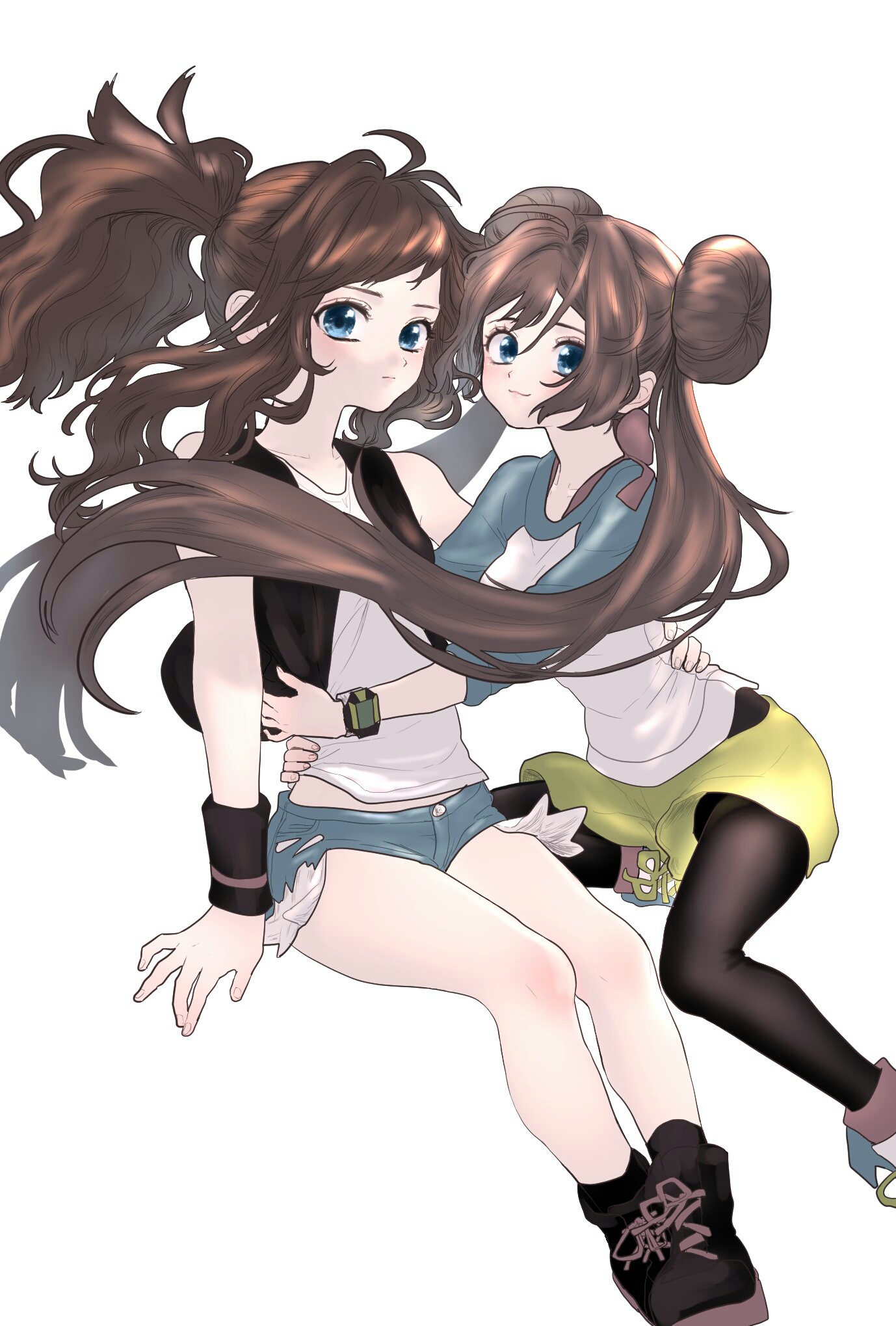 Anime 1378x2039 anime anime girls Pokémon Rosa (Pokémon) Hilda (Pokémon) long hair twintails ponytail brunette two women artwork digital art fan art