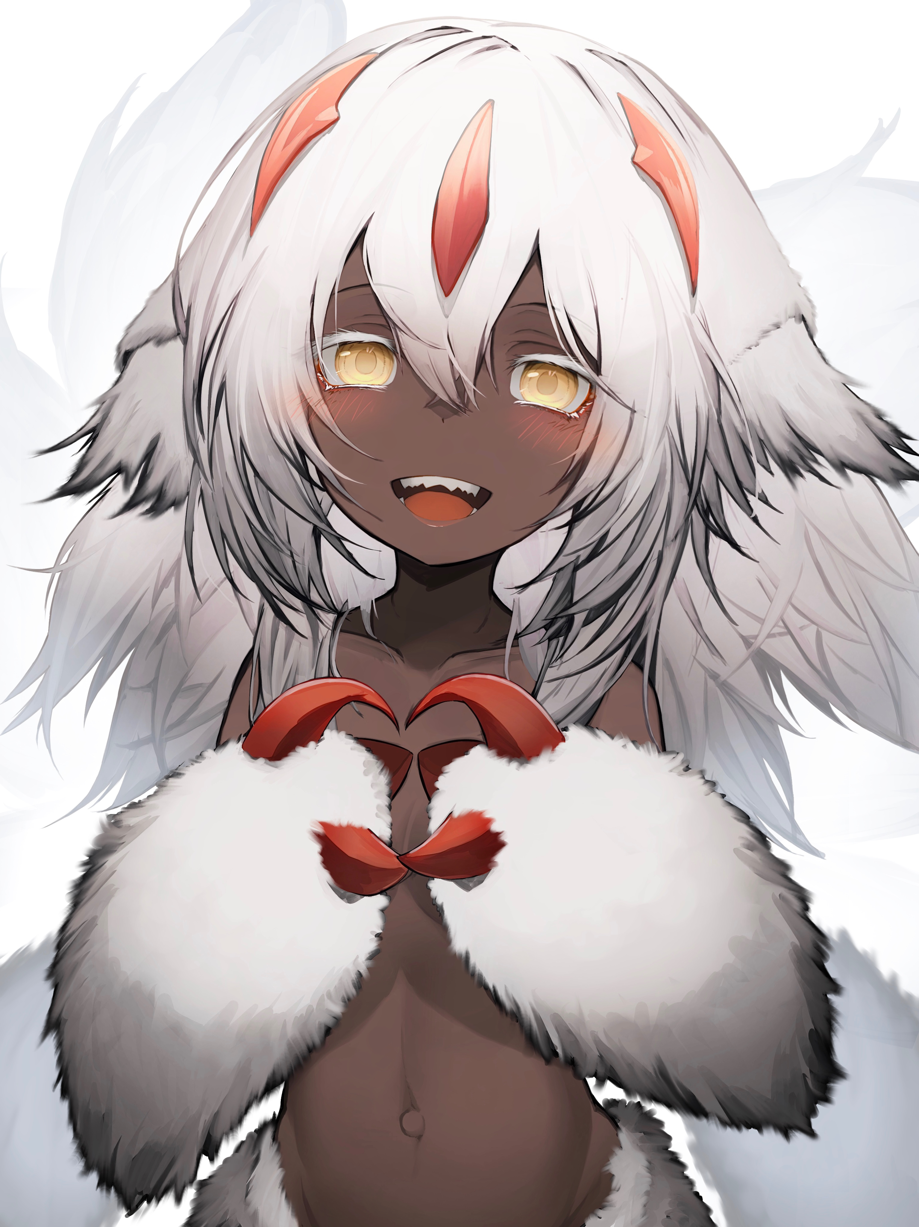 Anime 3070x4096 anime monster girl Made in Abyss fur bangs animal ears bare shoulders dark skin claws looking at viewer tail yellow eyes belly belly button blushing open mouth Faputa (Made in Abyss) happy