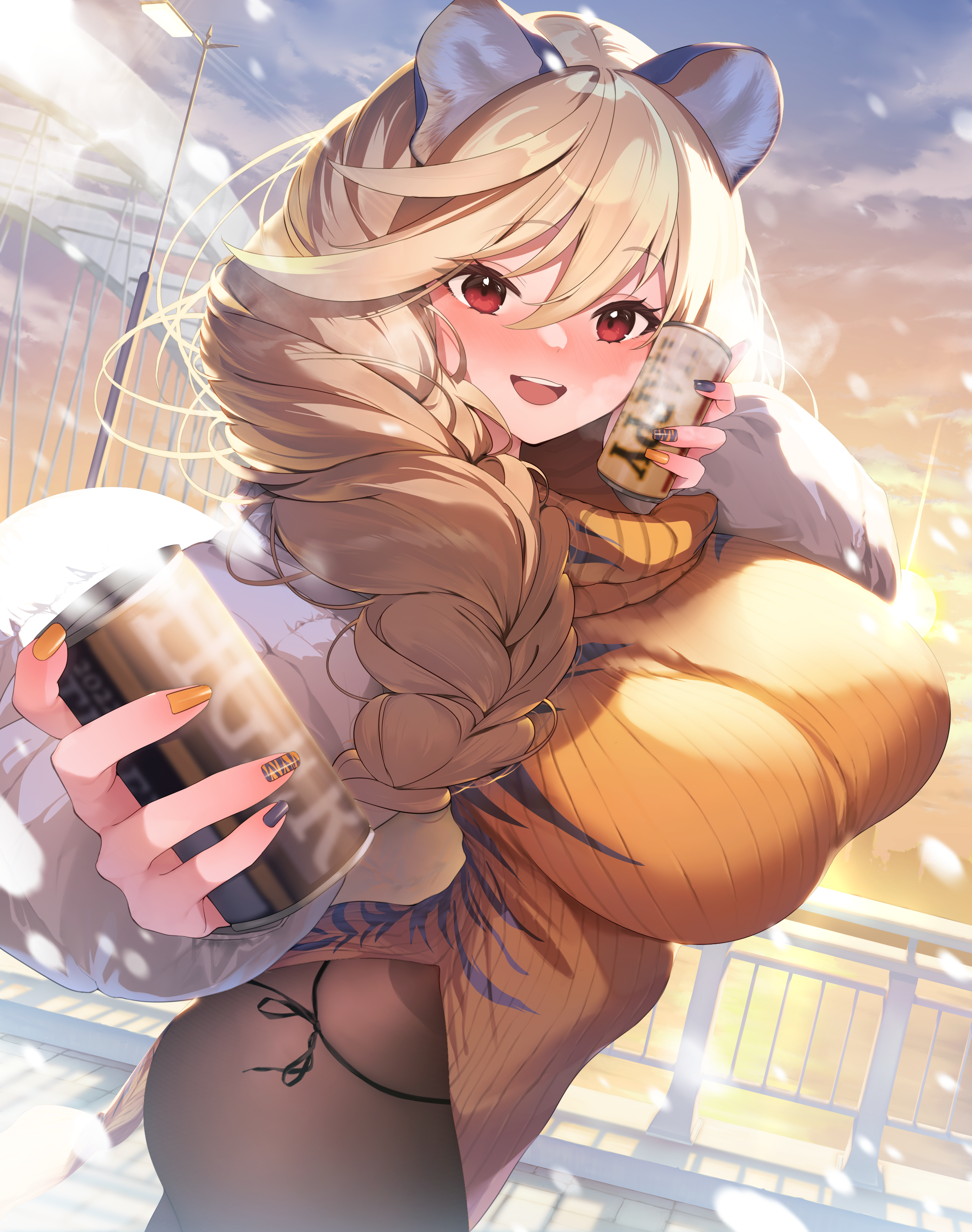 Anime 2480x3142 Hamada Pochiwo yellow nails tiger ears teeth snow smiling animal ears ass black pantyhose blonde blush braids can red eyes purple nails pantyhose open mouth looking at viewer long hair huge breasts anime girls