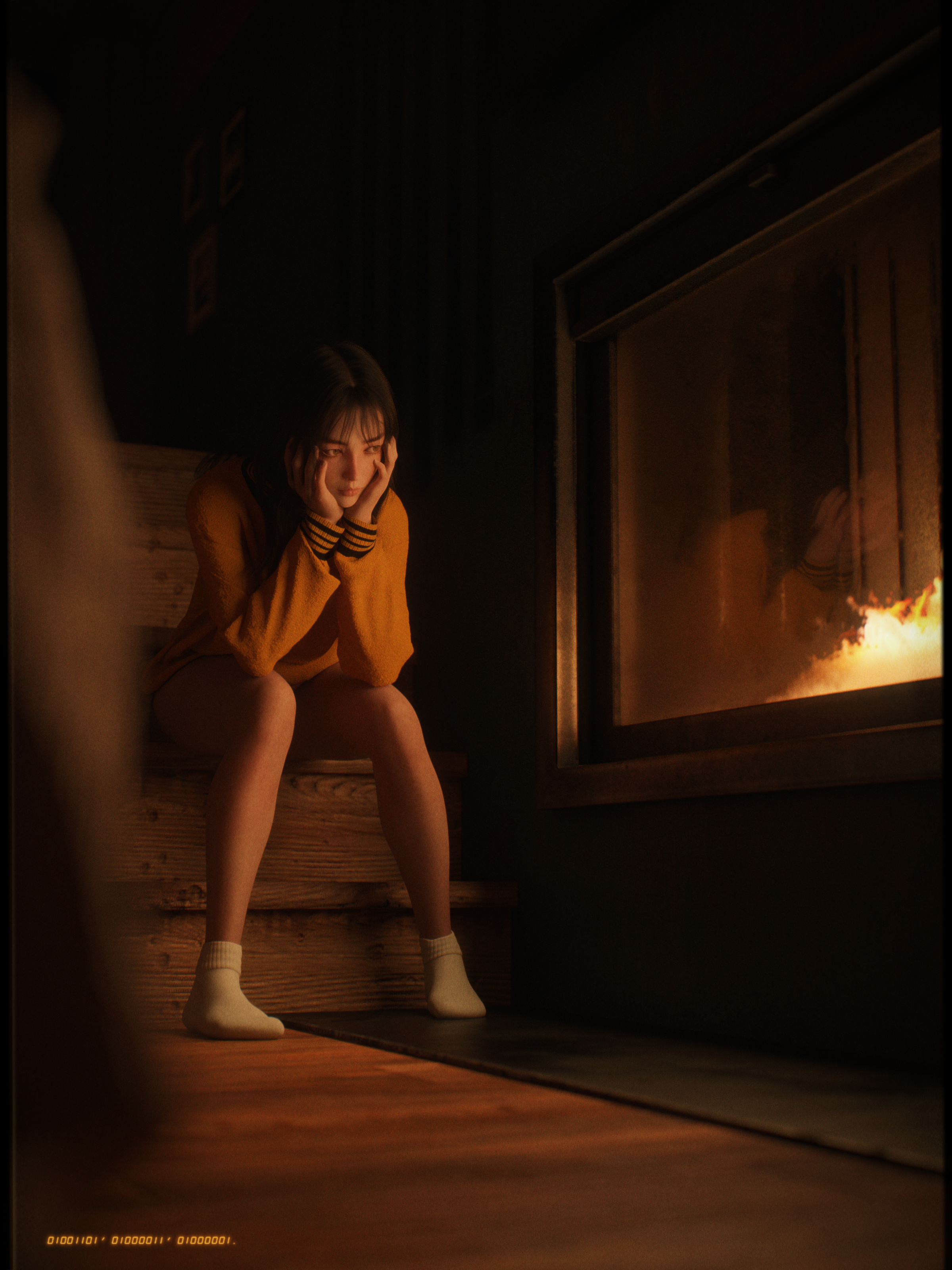 General 2400x3200 CGI fantasy girl fireplace low light digital art portrait display