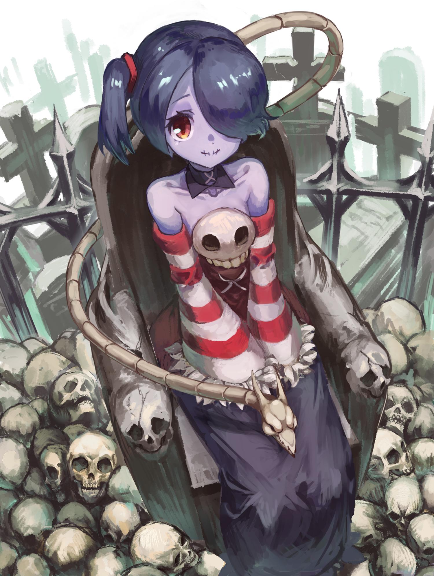 Anime 1500x1991 Sienna Contiello skull red eyes short hair smile portrait display drawing hair over one eye sitting top view throne
